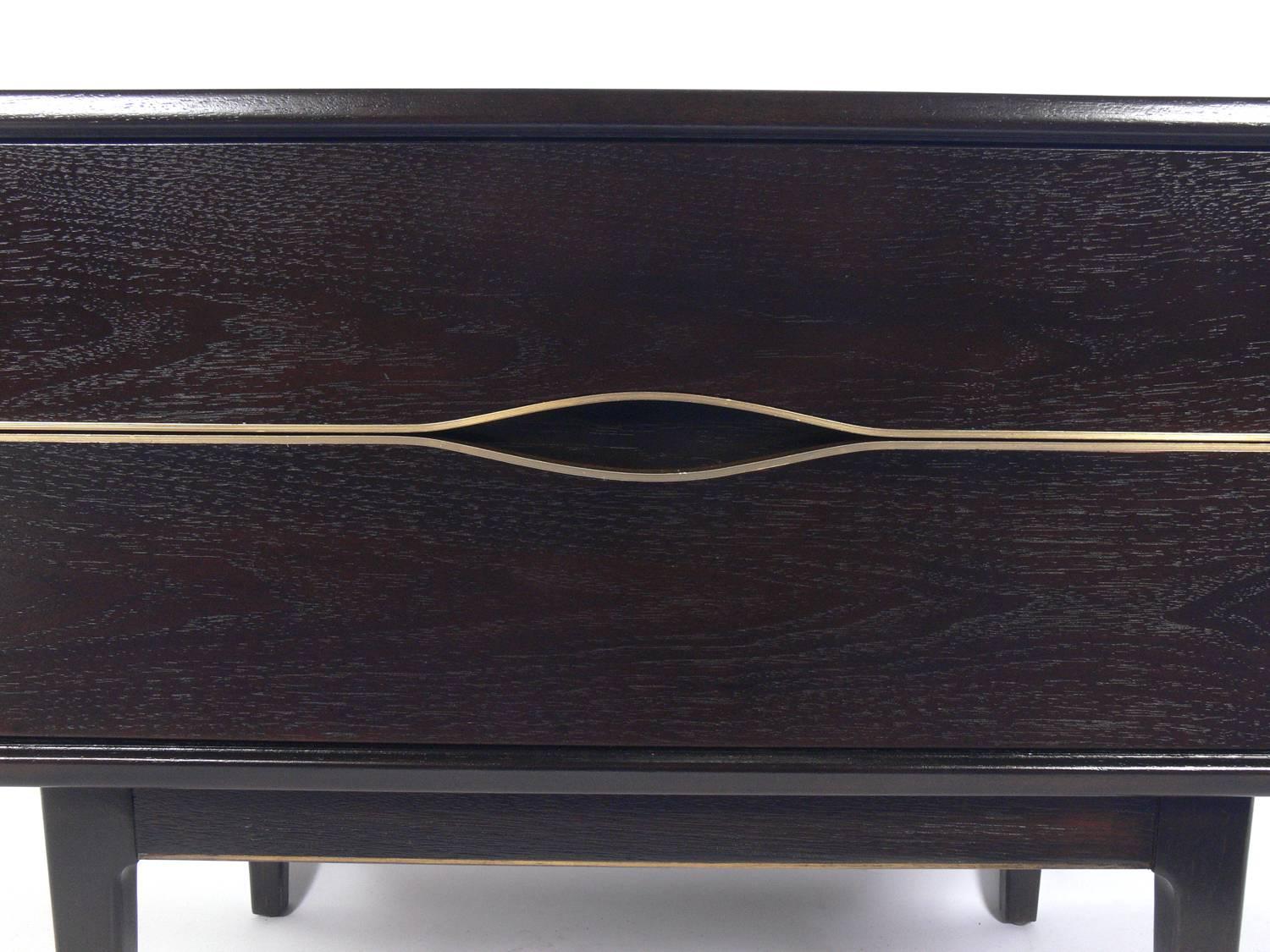 Lacquered A Pair of Ultra Dark Brown Mid-Century Nightstand or End Table with Brass Trim