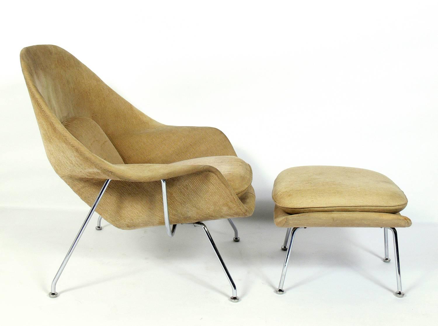 Womb chair and ottoman, designed by Eero Saarinen for knoll, American, circa 1960s. These items are currently being reupholstered. The price noted below includes reupholstery in your fabric. The ottoman measures 16