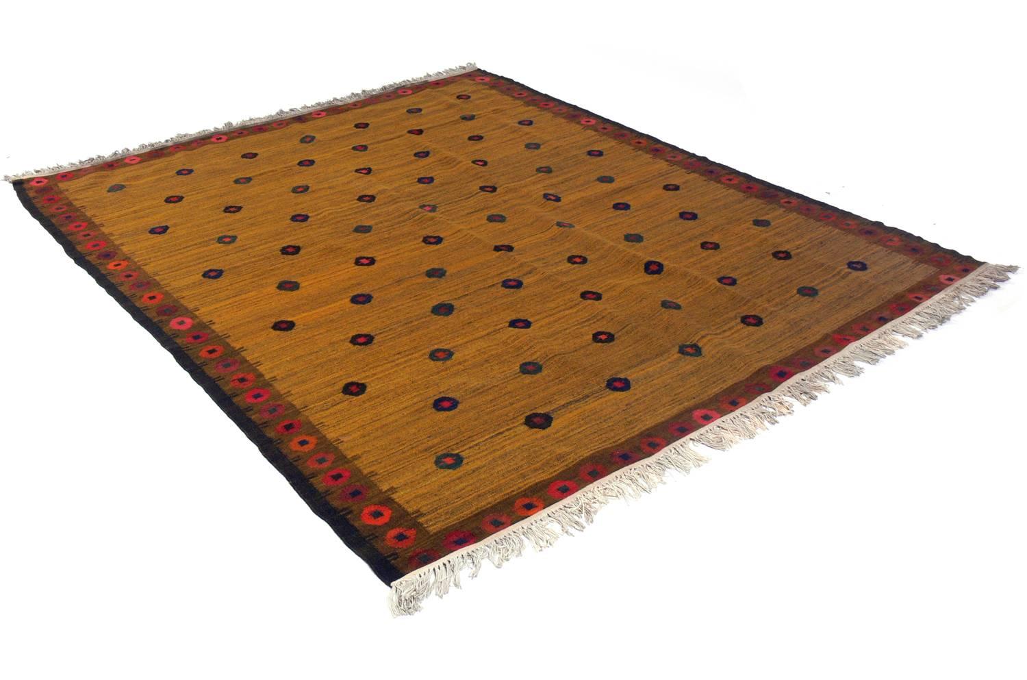 Danish Modern flat-weave Carpet, probably Swedish, circa 1950s. Nice tight weave with a beautiful design in deep reds and oranges on a saffron yellow color field. This rug is an impressive size at '.