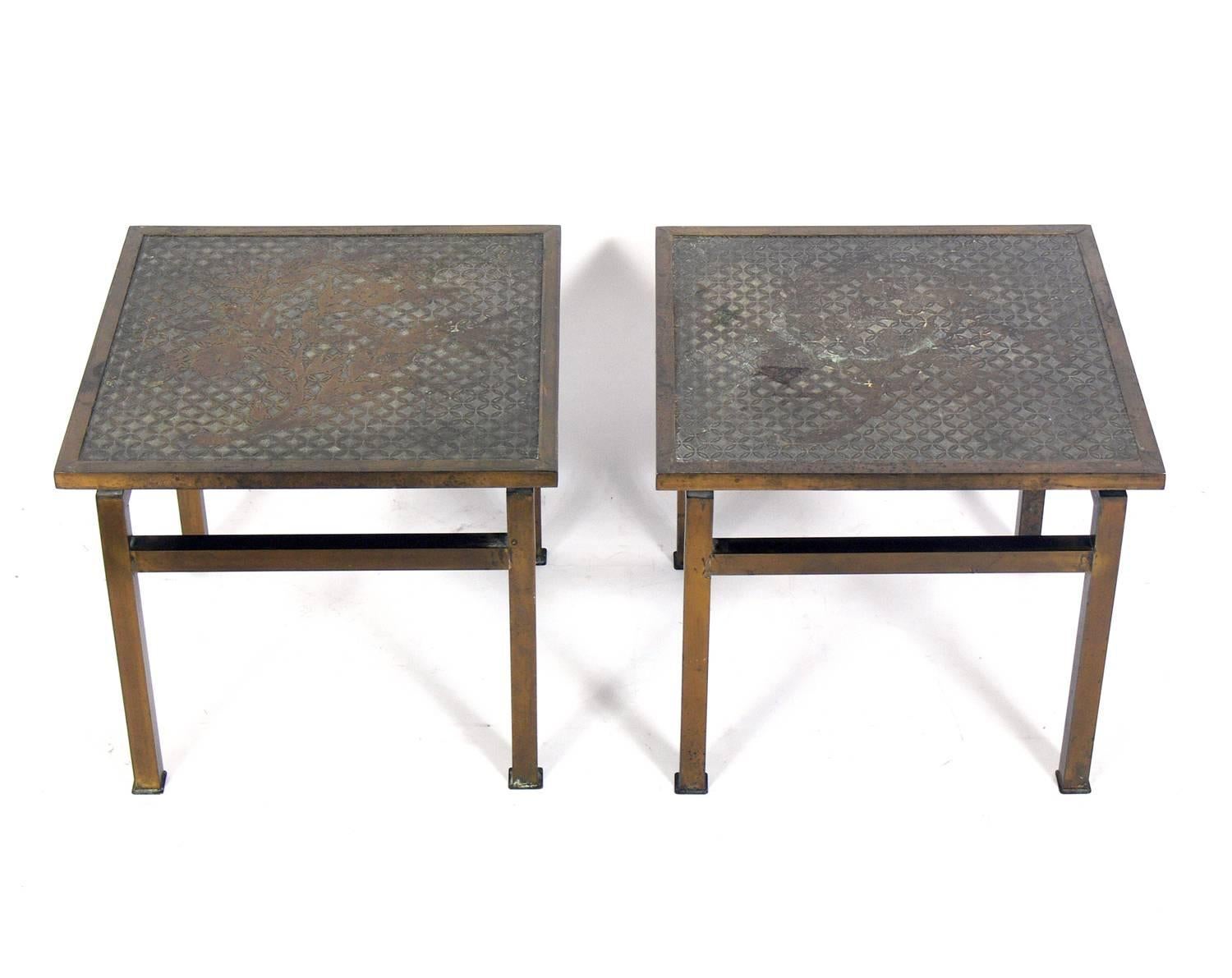 Pair of bronze side tables by Philip and Kelvin LaVerne, American, circa 1960s. They retain their warm original patina. They are versatile size and can be used as end or side tables, or as nightstands.