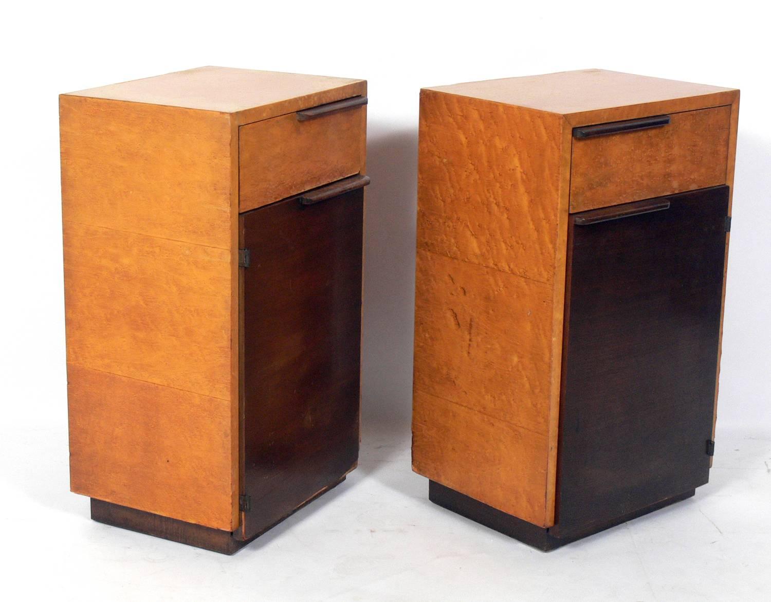 Pair of Art Deco nightstands, designed by Gilbert Rohde for Herman Miller, American, circa 1930s. They are a versatile size and can be used as nightstands, or as side or end tables. They are currently being refinished. The price noted below includes