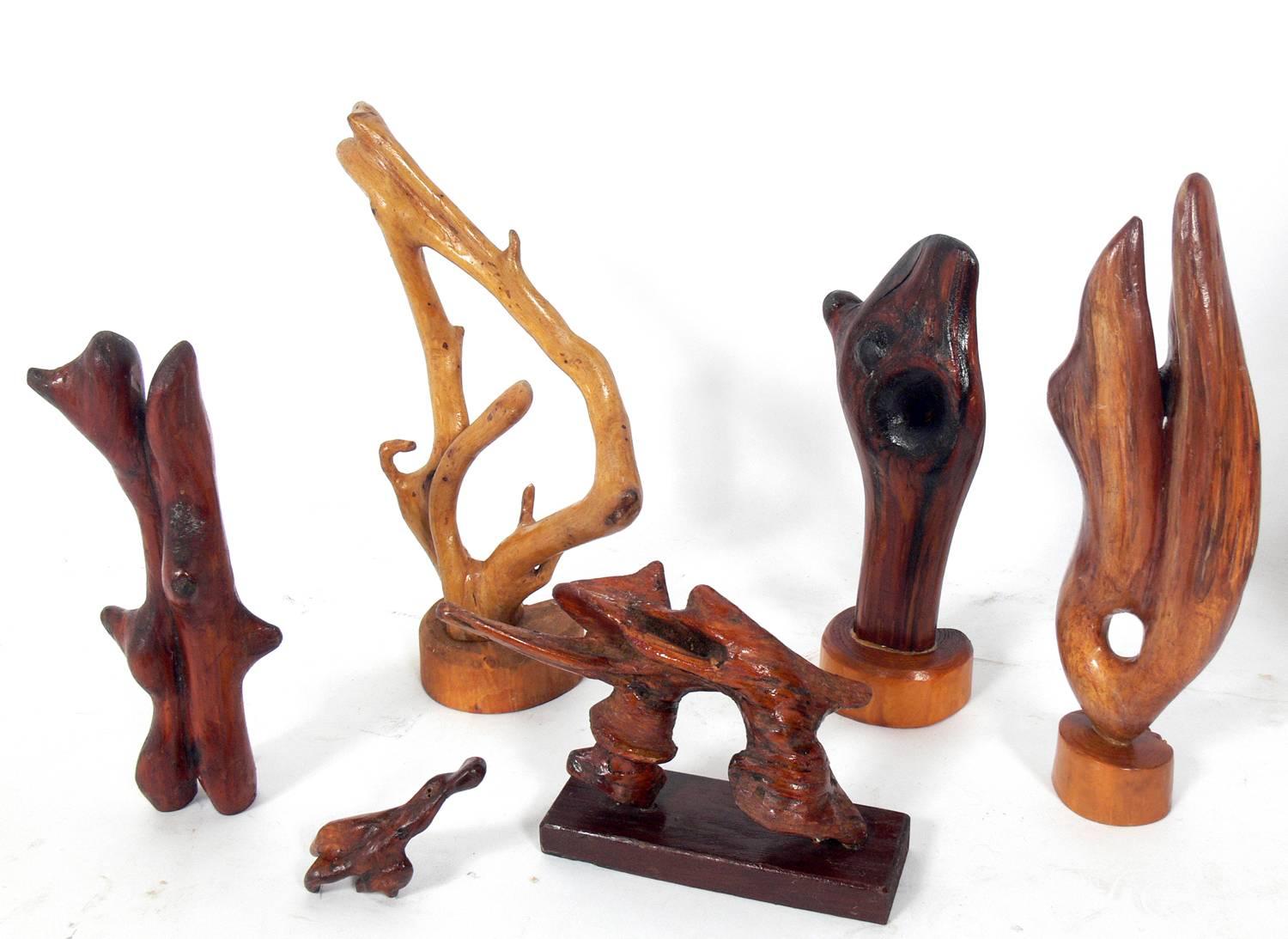 Collection of sculptural wood roots, probably Asian, circa 1960s. The largest sculpture measures 16