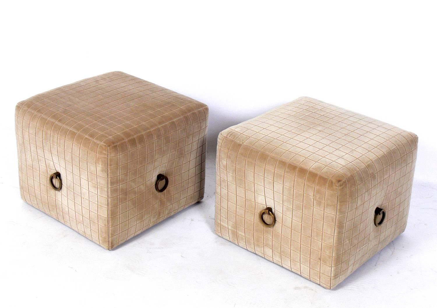 Mid-Century Modern Pair of Upholstered Stools with Brass Rings