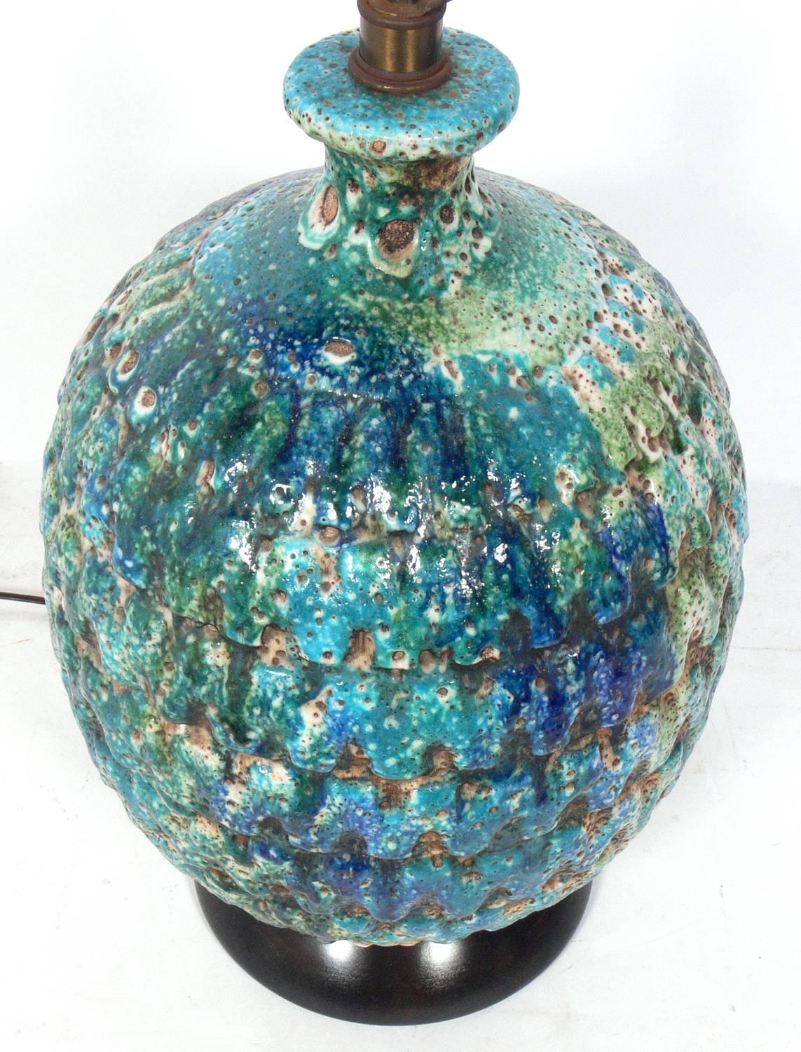 Mid-Century Modern Large-Scale Italian Pottery Lamp in Vibrant Blue Greens