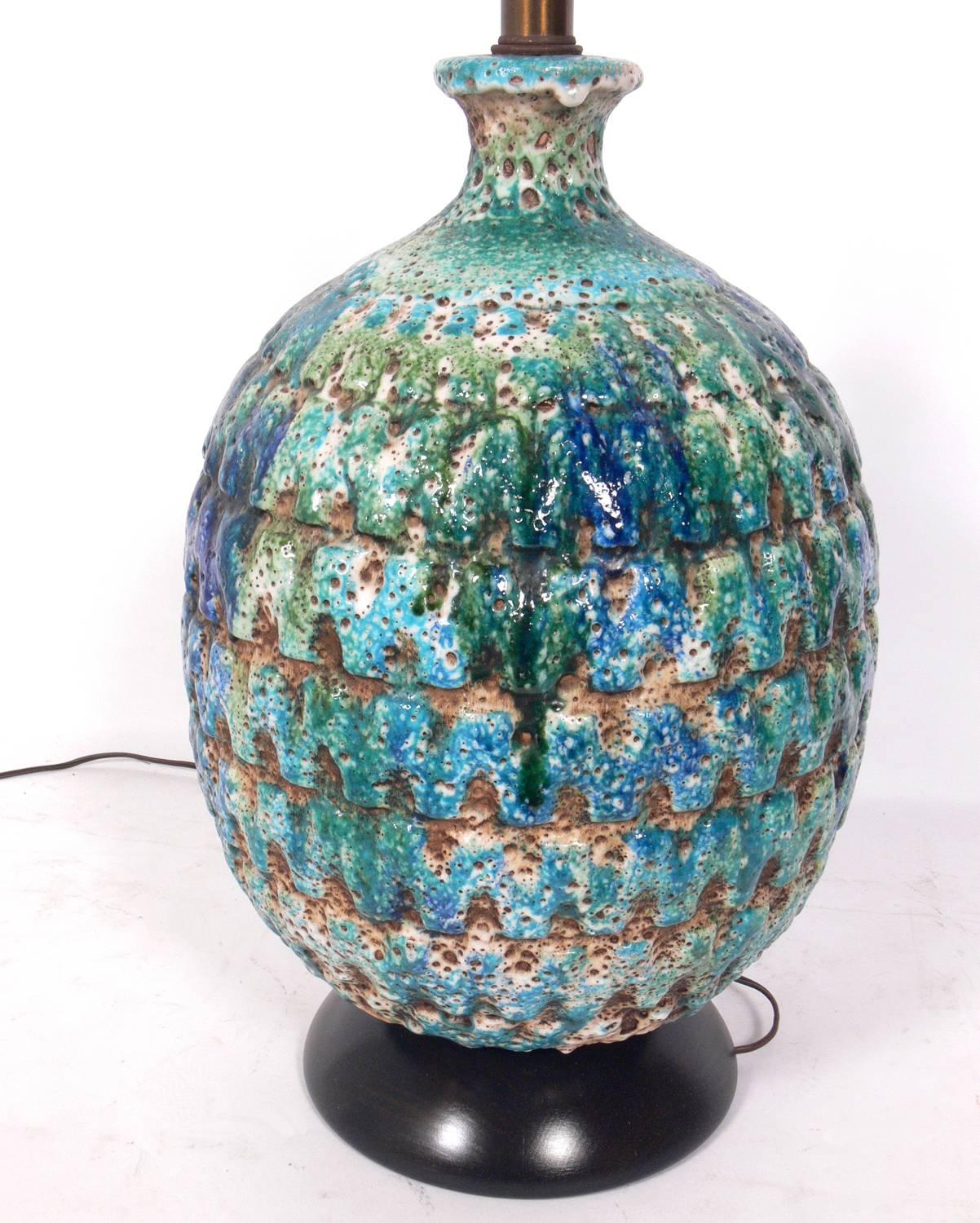 Large-Scale Italian Pottery Lamp in Vibrant Blue Greens In Good Condition In Atlanta, GA