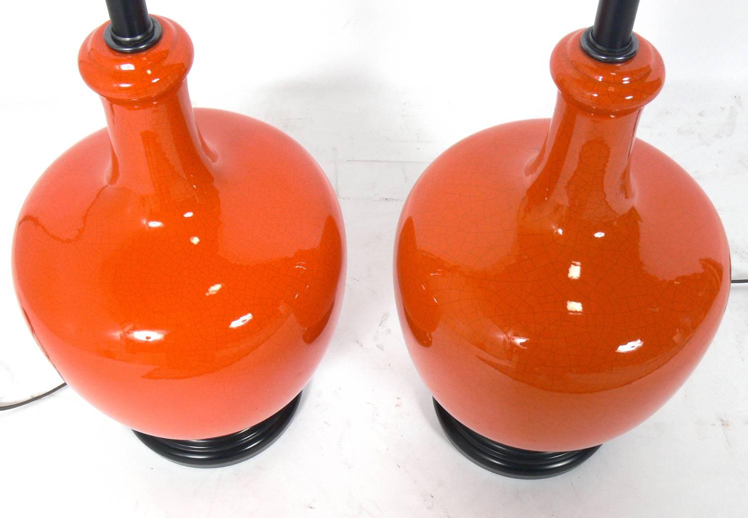Mid-Century Modern Pair of Vibrant Orange Ceramic Lamps