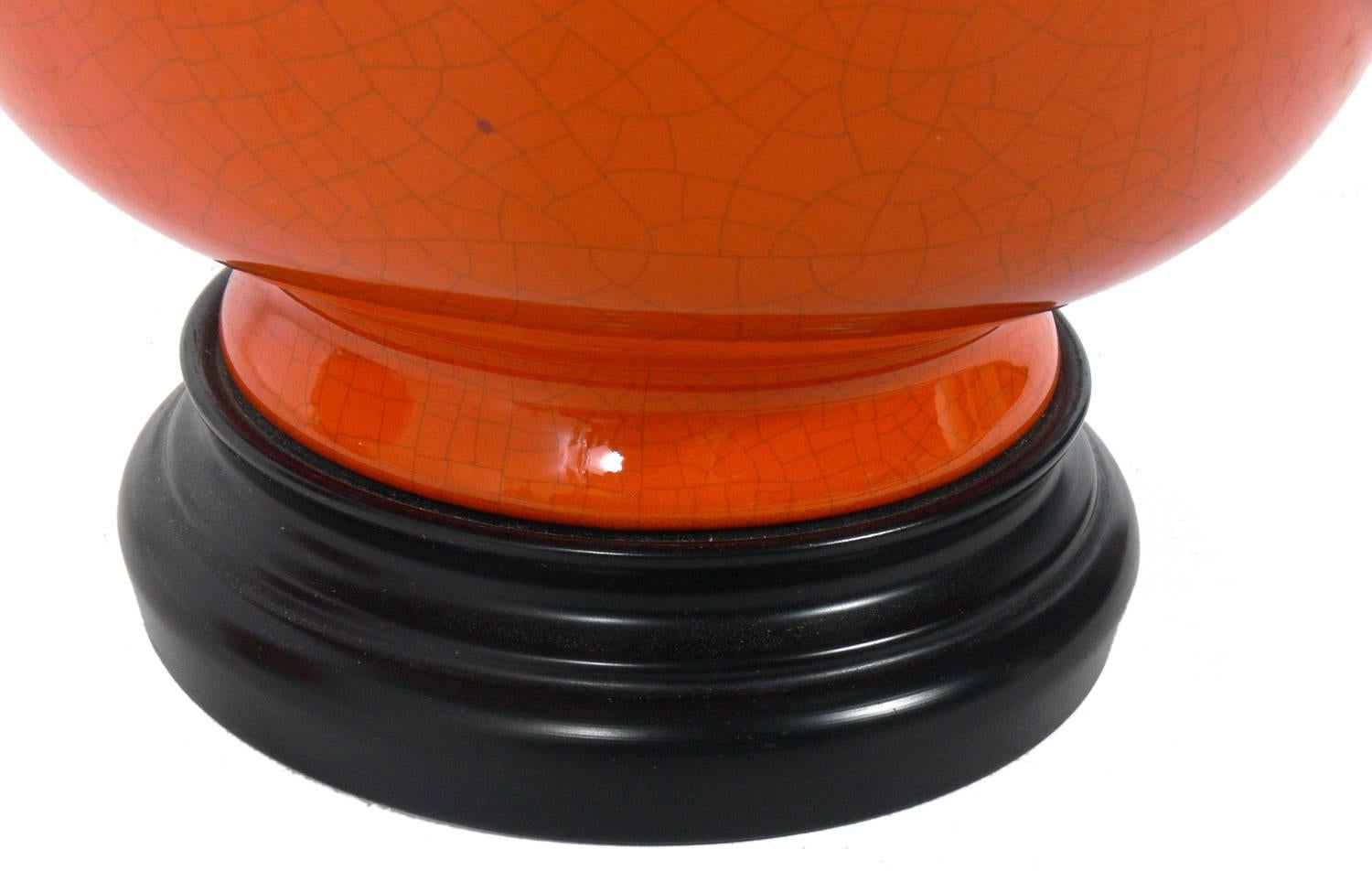 Pair of Vibrant Orange Ceramic Lamps In Good Condition In Atlanta, GA