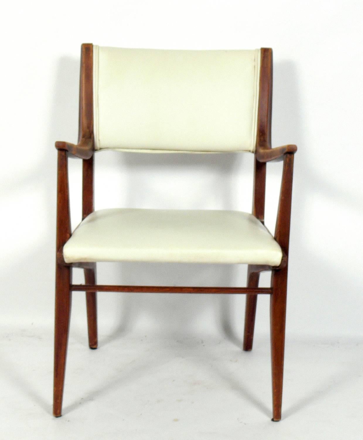 Curvaceous Mid-Century Modern dining chairs, designed by John Van Koert for Drexel, American, circa 1950s. These chairs are currently being refinished and reupholstered and can be completed in your choice of finish color and in your fabric. The