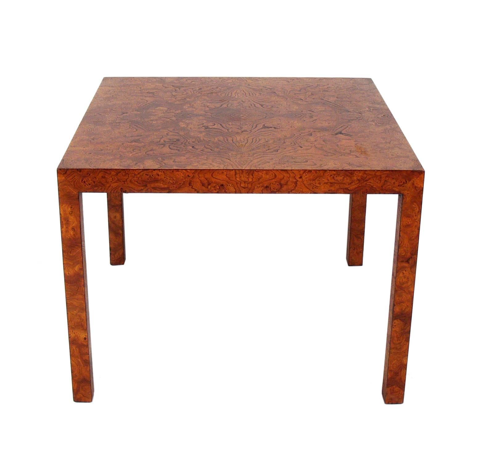 Clean lined burl wood parson side or center table, American, circa 1950s. Retains warm original patina.