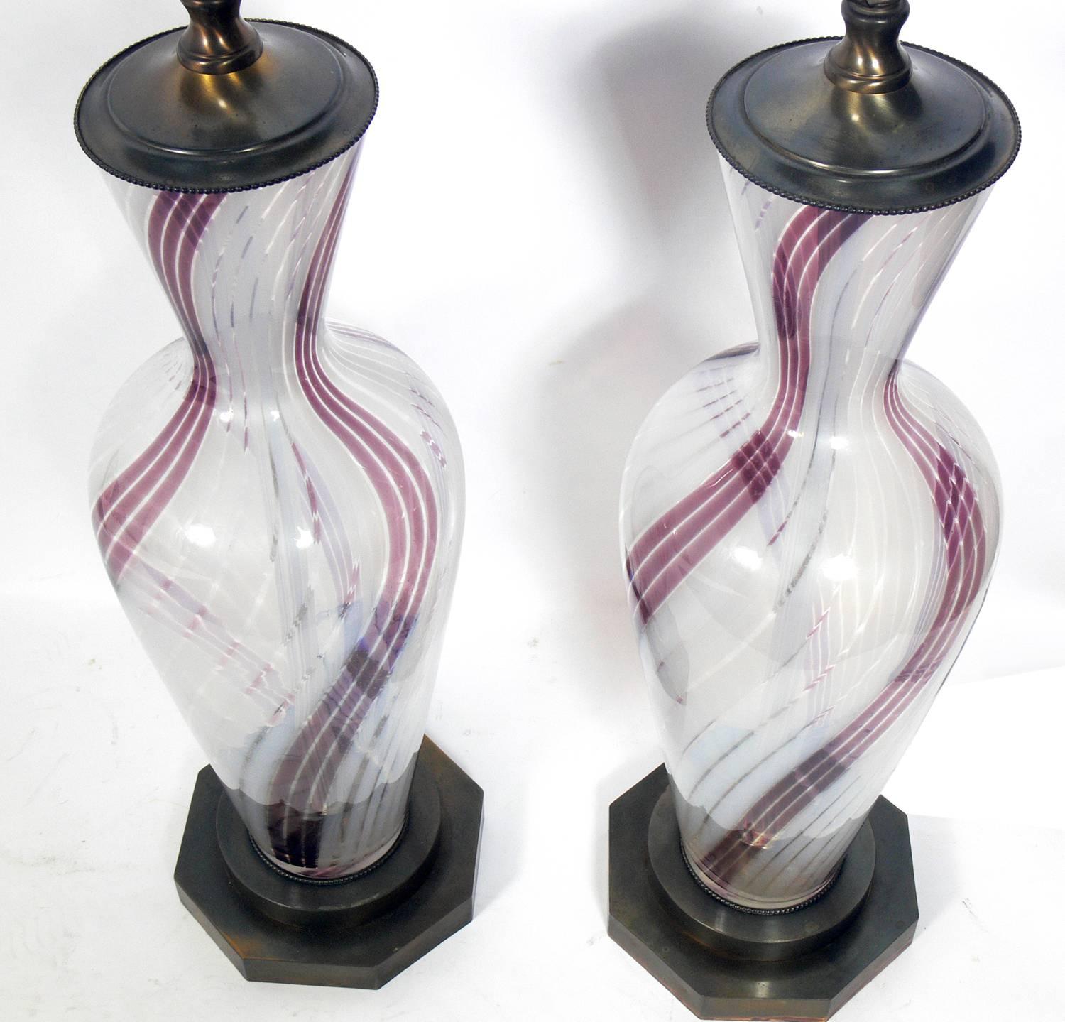 Pair of large-scale Murano glass lamps, Italian, circa 1950s. They have been rewired and are ready to use, The price noted below includes the shades.