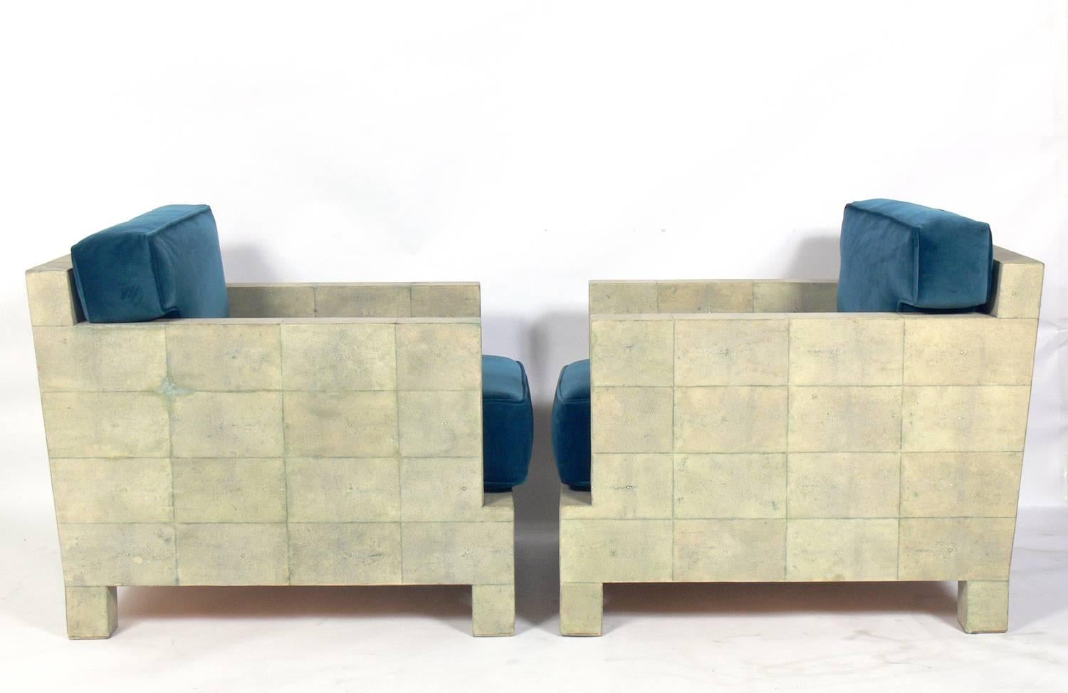 Pair of Chagrin lounge chairs, after a Jean Michel Frank design from the 1930s, these examples are probably a 1990s production by R&Y Augousti. They are executed in real shagreen and have been reupholstered in a plush green velvet.