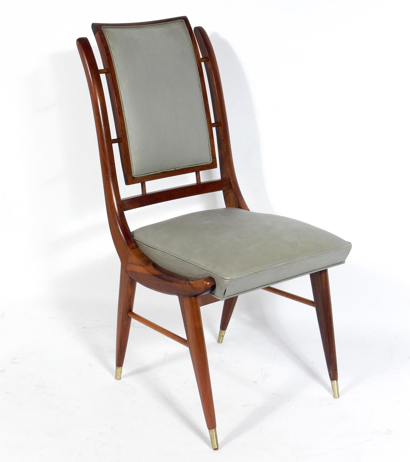 Set of six Italian midcentury dining chairs, Italy, circa 1960s. These chairs are currently being refinished and reupholstered. They can be completed in your choice of finish color and reupholstered in your fabric. The price noted below includes