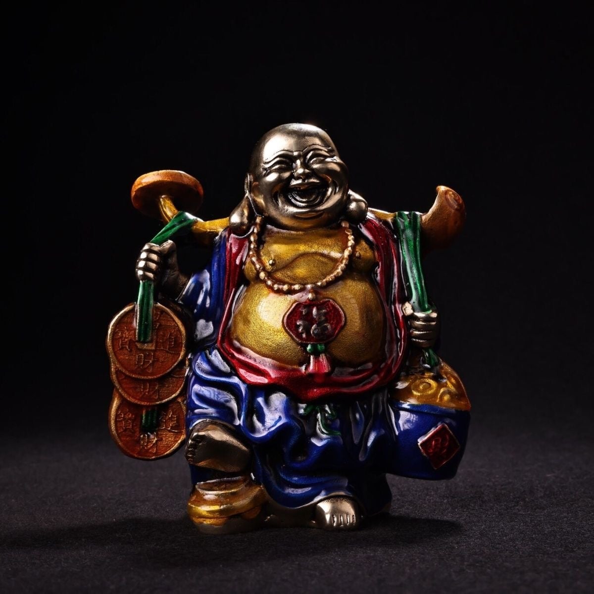 Vintage Asian Cloisonne Enameled Bronze Maitreya Buddha Statue Carrying Money