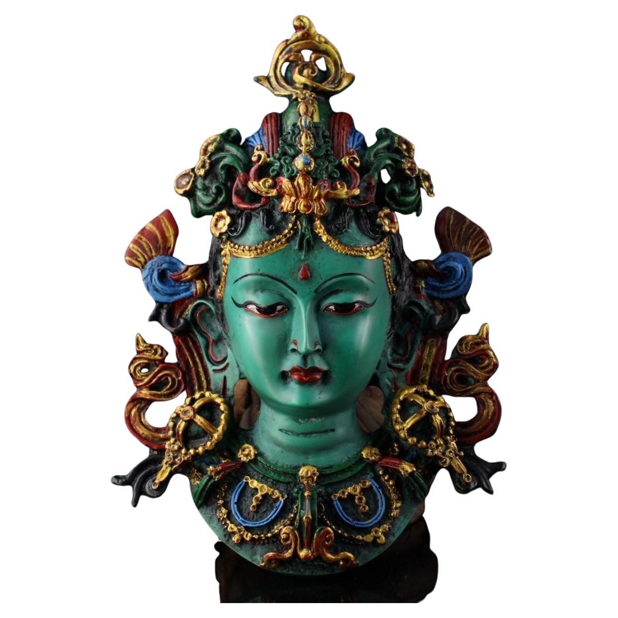 Vintage Asian Lacquer Color Painted Green Tara Mask