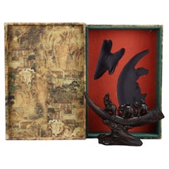 Antique Old Agarwood Carving Thee Elephants Carrying Fu Lu Shou on an Tool Sculpture