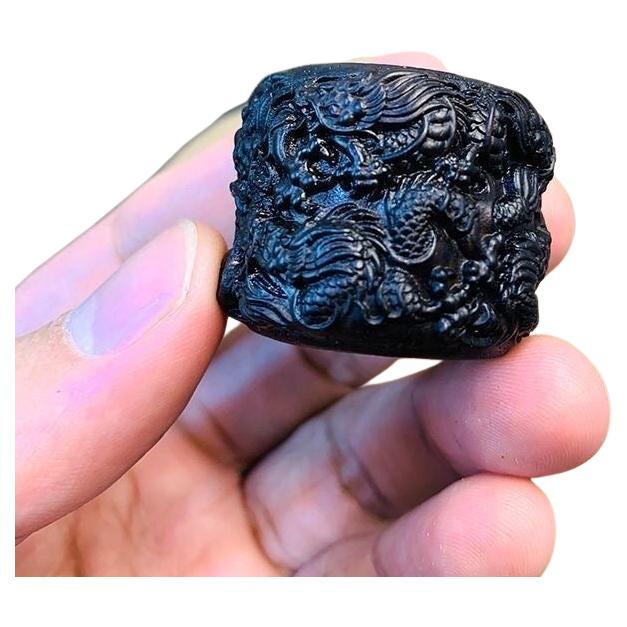 Vintage Chinese Agarwood Carving Nine Dragons Figure Ring