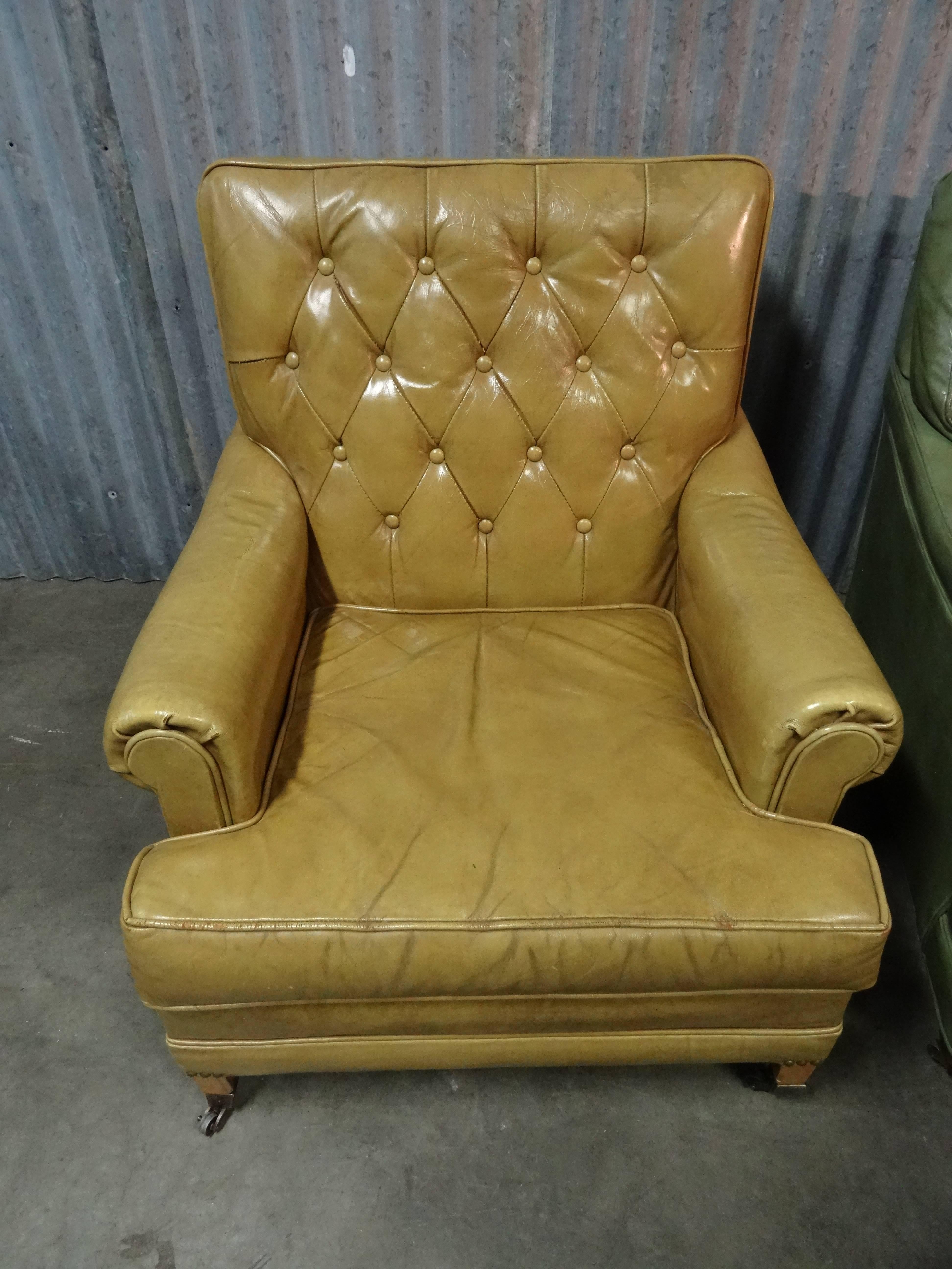It took several years to collect this party of vintage, leather chairs with two ottomans. None are perfect, all are fantastic! Measurements of each chair are all within 1-2 inches of each other. Perfectly worn leather with exceptional patina. Extra