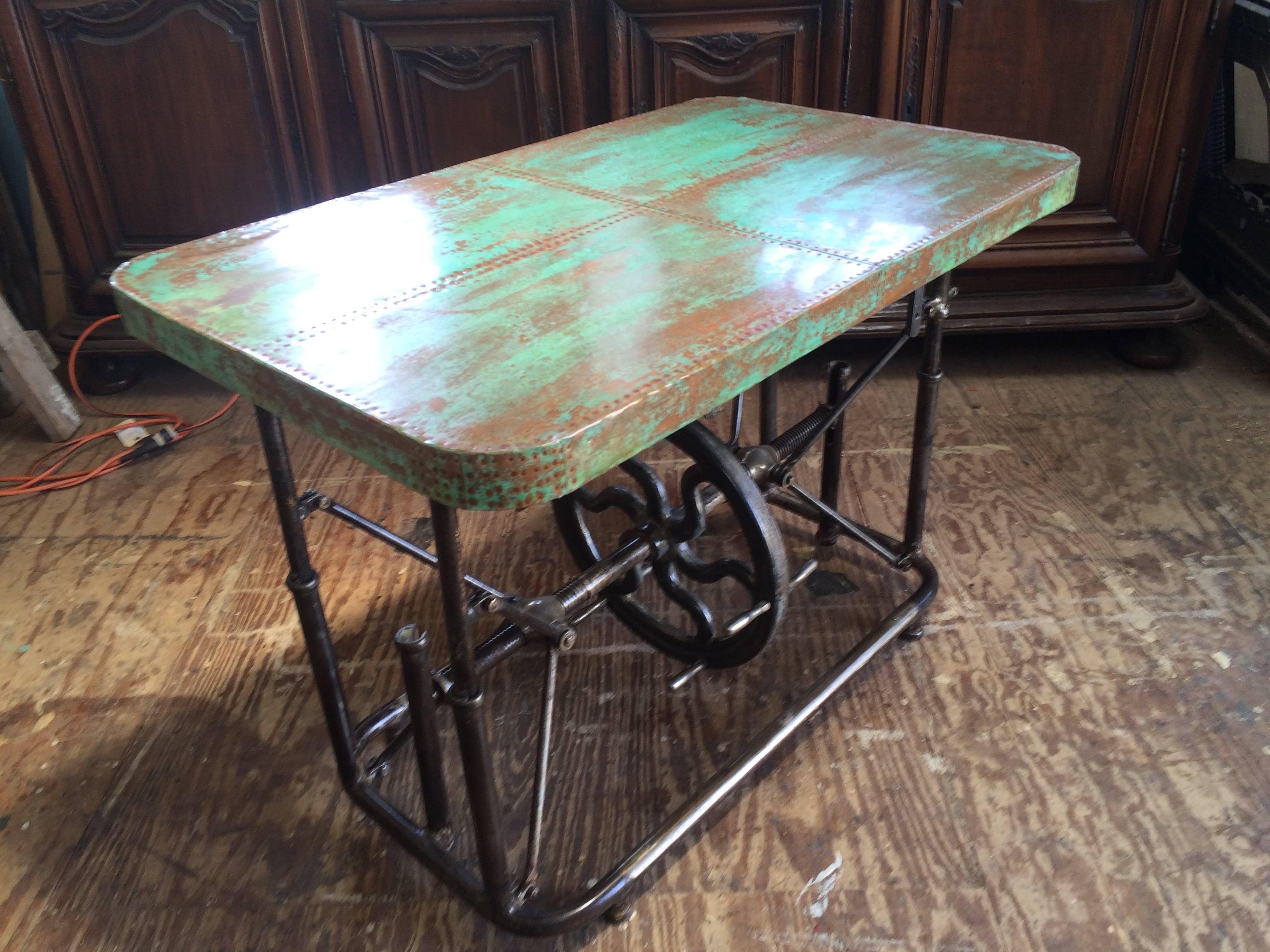American Unusual Industrial Steel Table with Patinated Copper Top