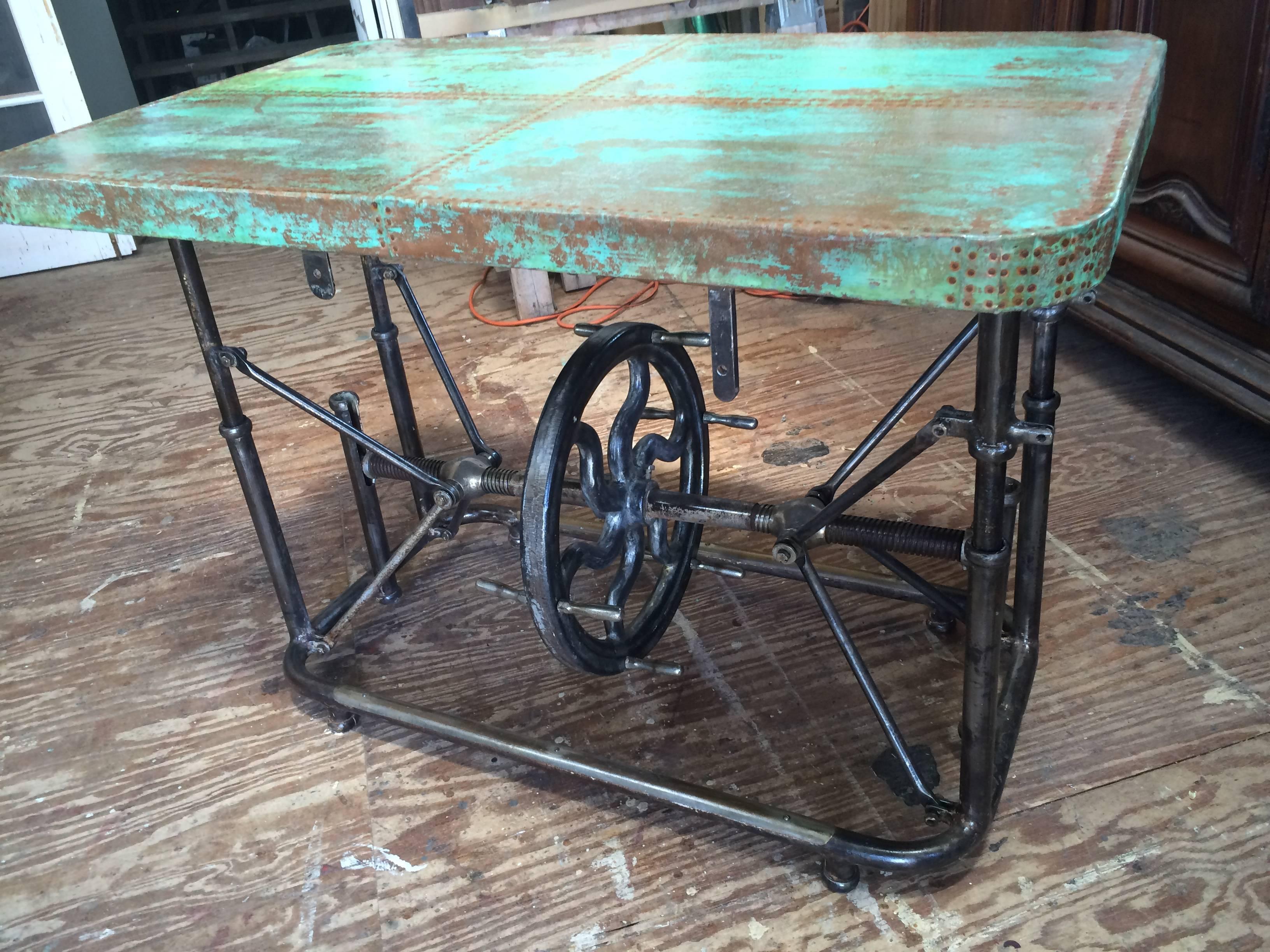 Unusual Industrial Steel Table with Patinated Copper Top In Good Condition In Middleburg, VA