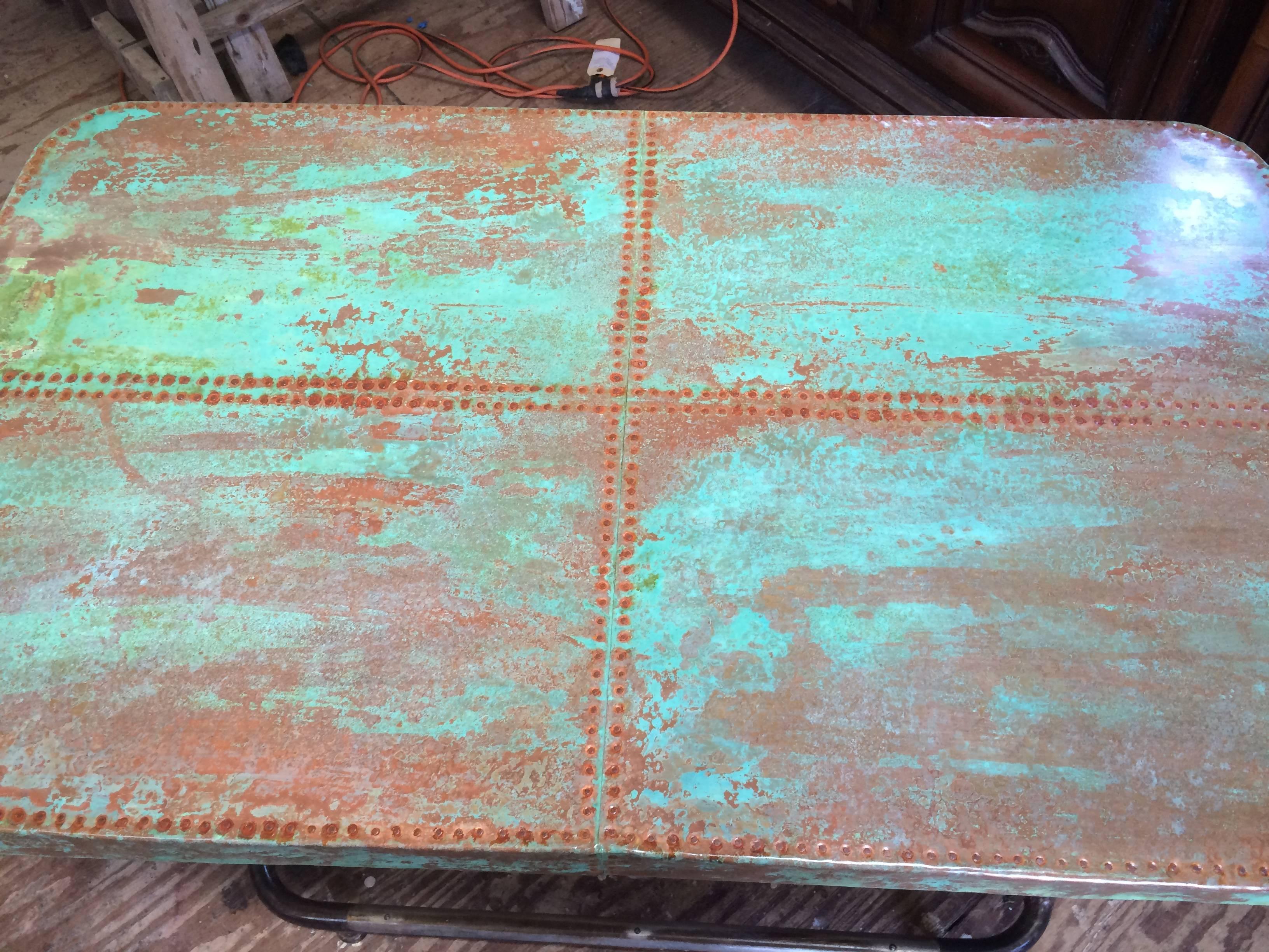 Unusual Industrial Steel Table with Patinated Copper Top 1
