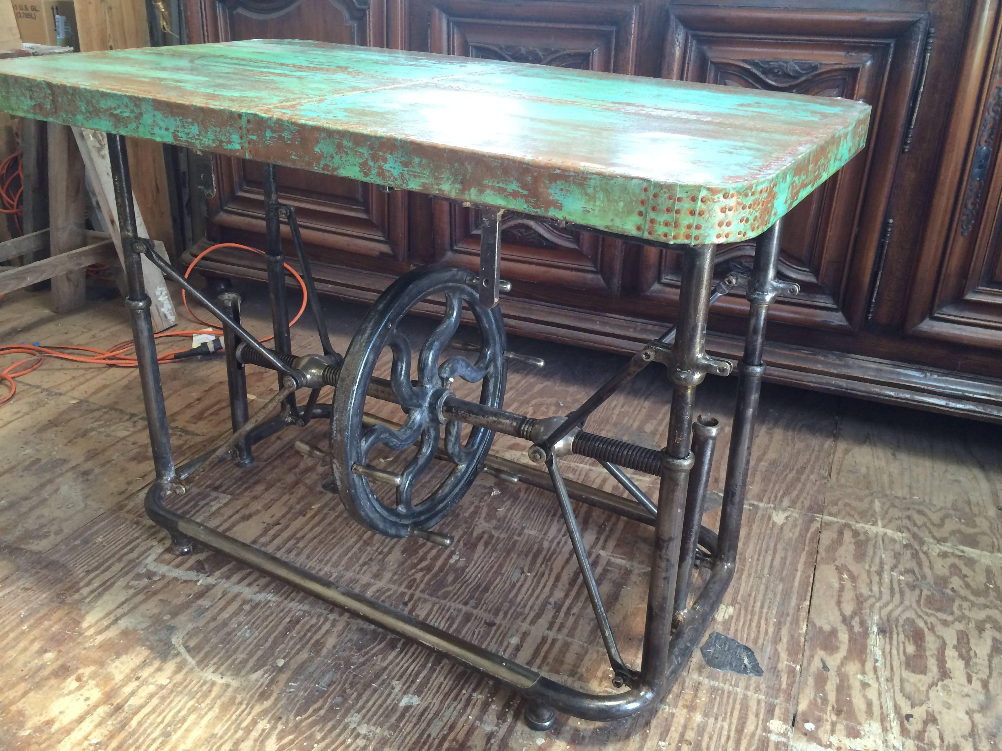 Unusual Industrial Steel Table with Patinated Copper Top 3