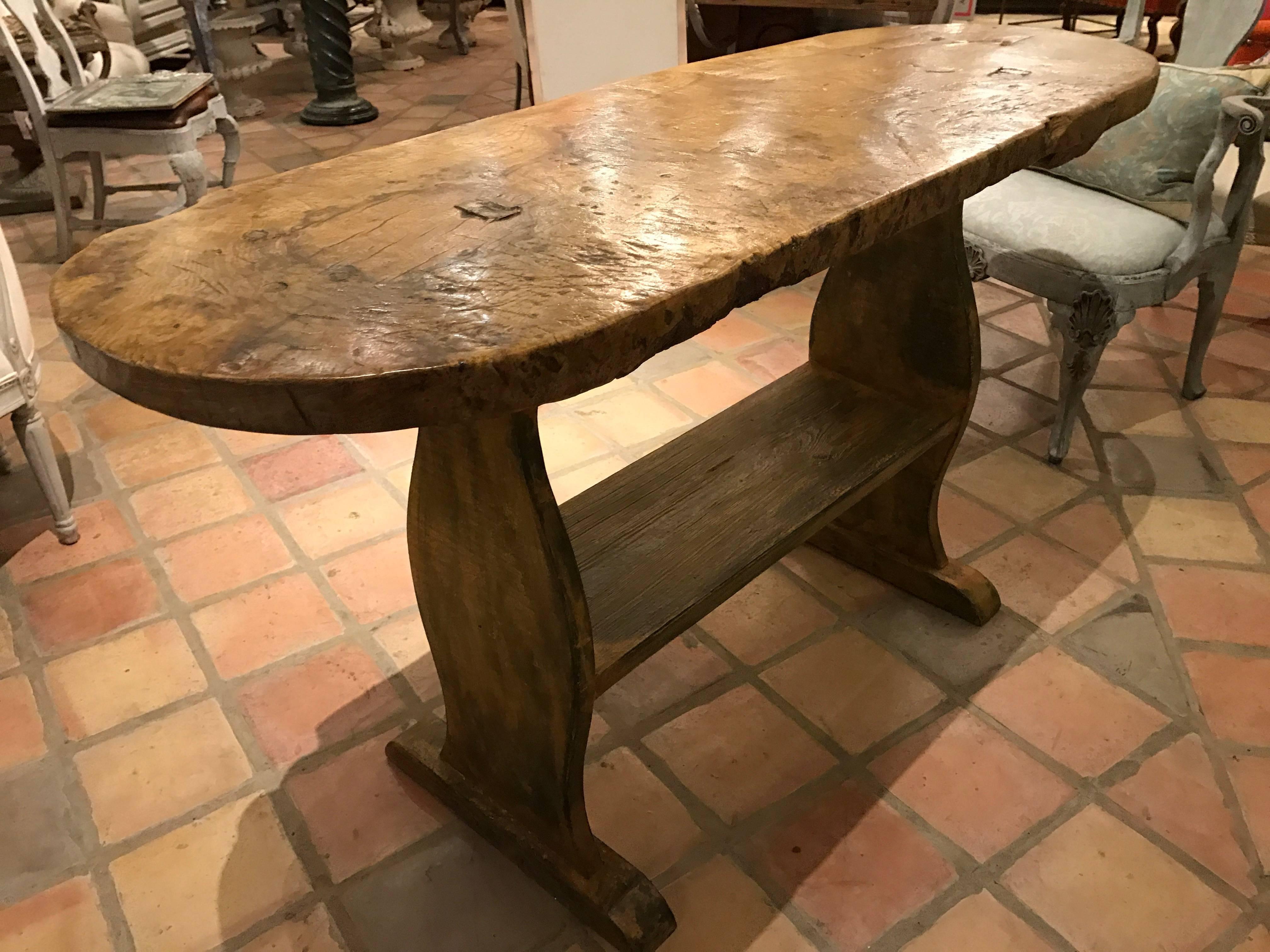 Hand-Crafted Early 19th Century Rustic “Basque” Oval Trestle Table or Console