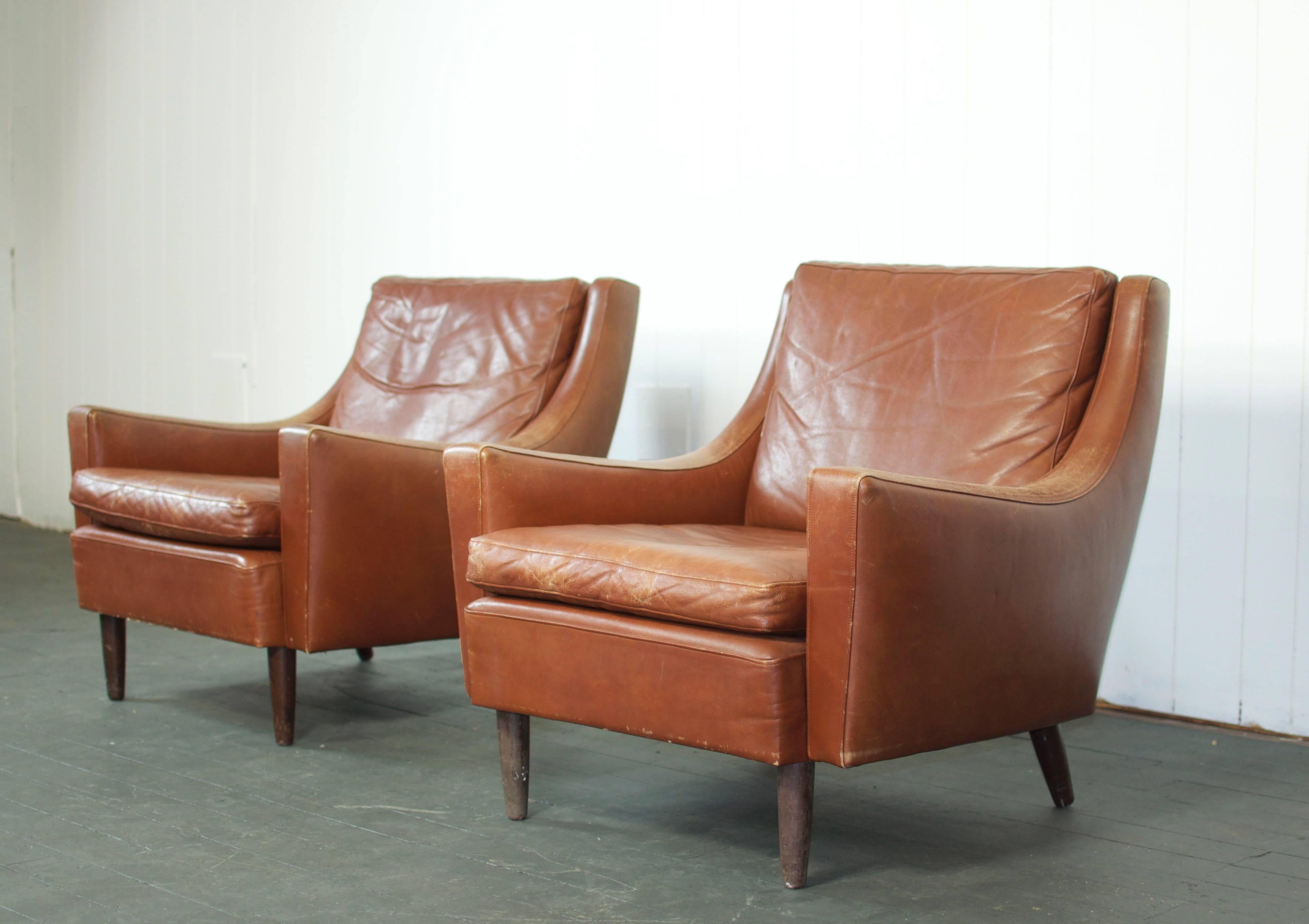 Pair of Danish Leather Lounge Chairs In Good Condition In Turners Falls, MA