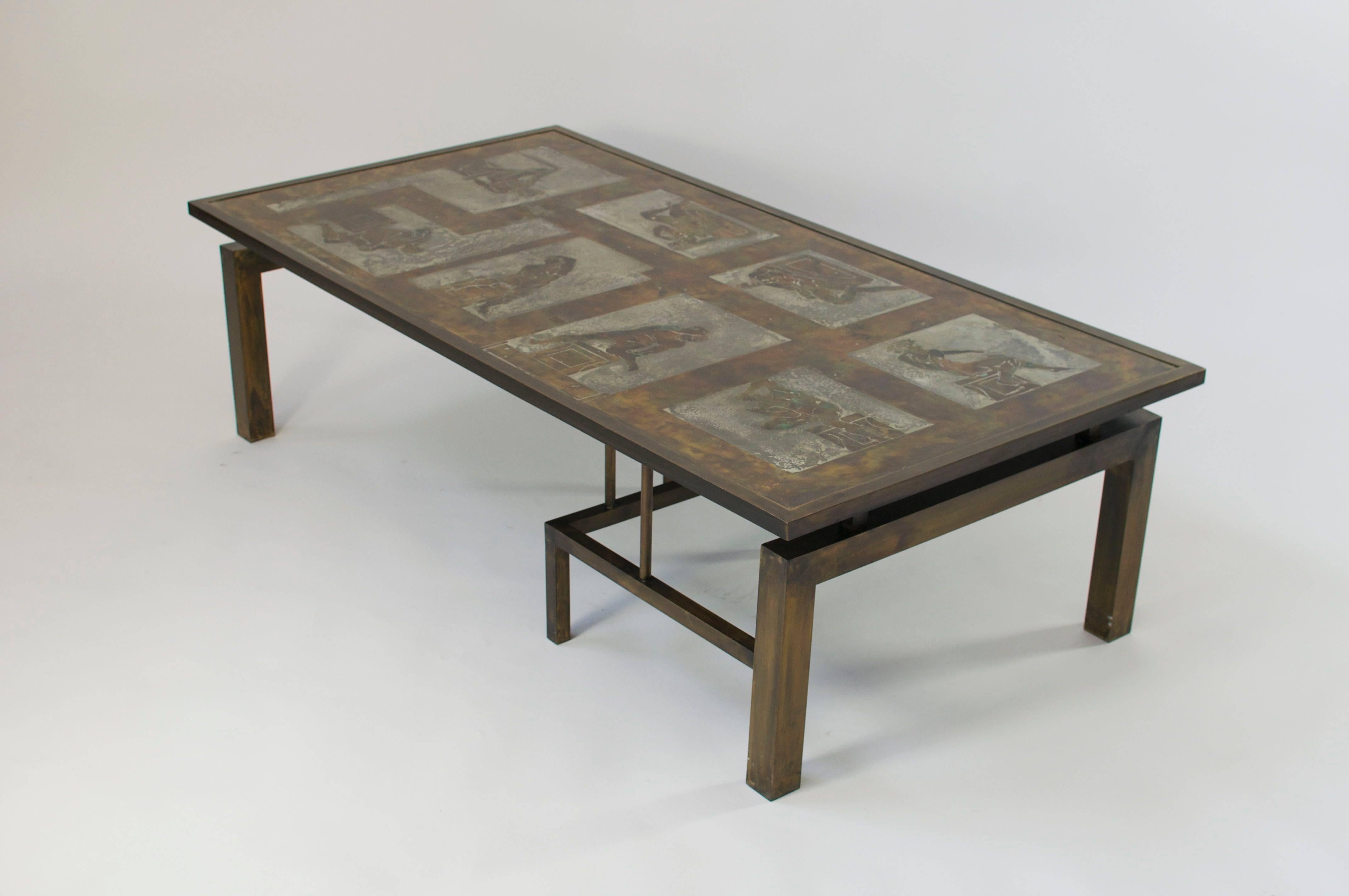 Philip and Kelvin LaVerne Medici coffee table. Acid-etched and enameled patinated brass over pewter and wood.