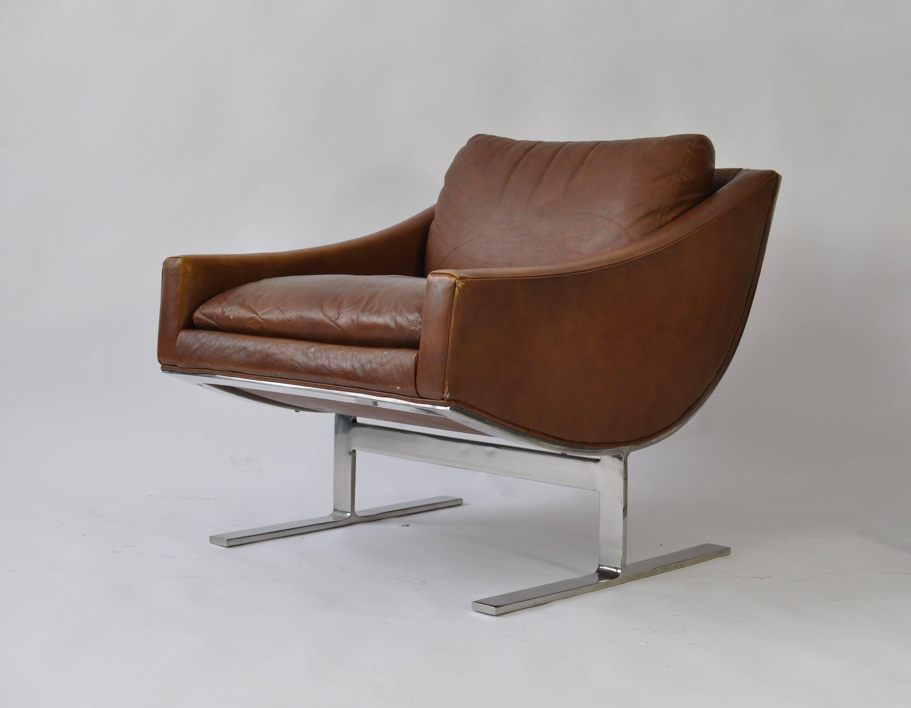 Pair of Kipp Stewart "Arc" lounge chairs for Directional. Original brown leather.
