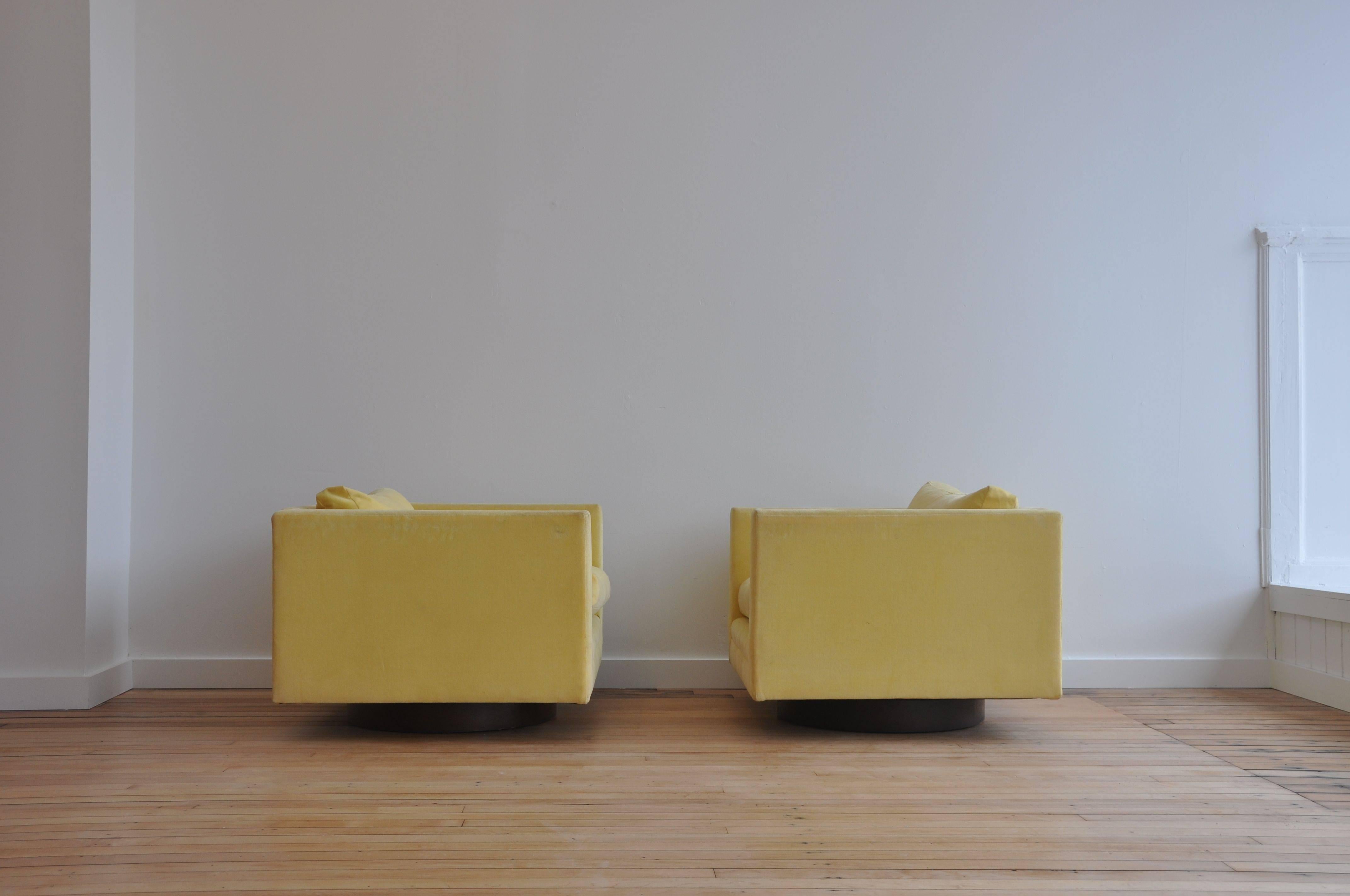 Pair of Harvey Probber swivel cube chairs. Recessed circle base.