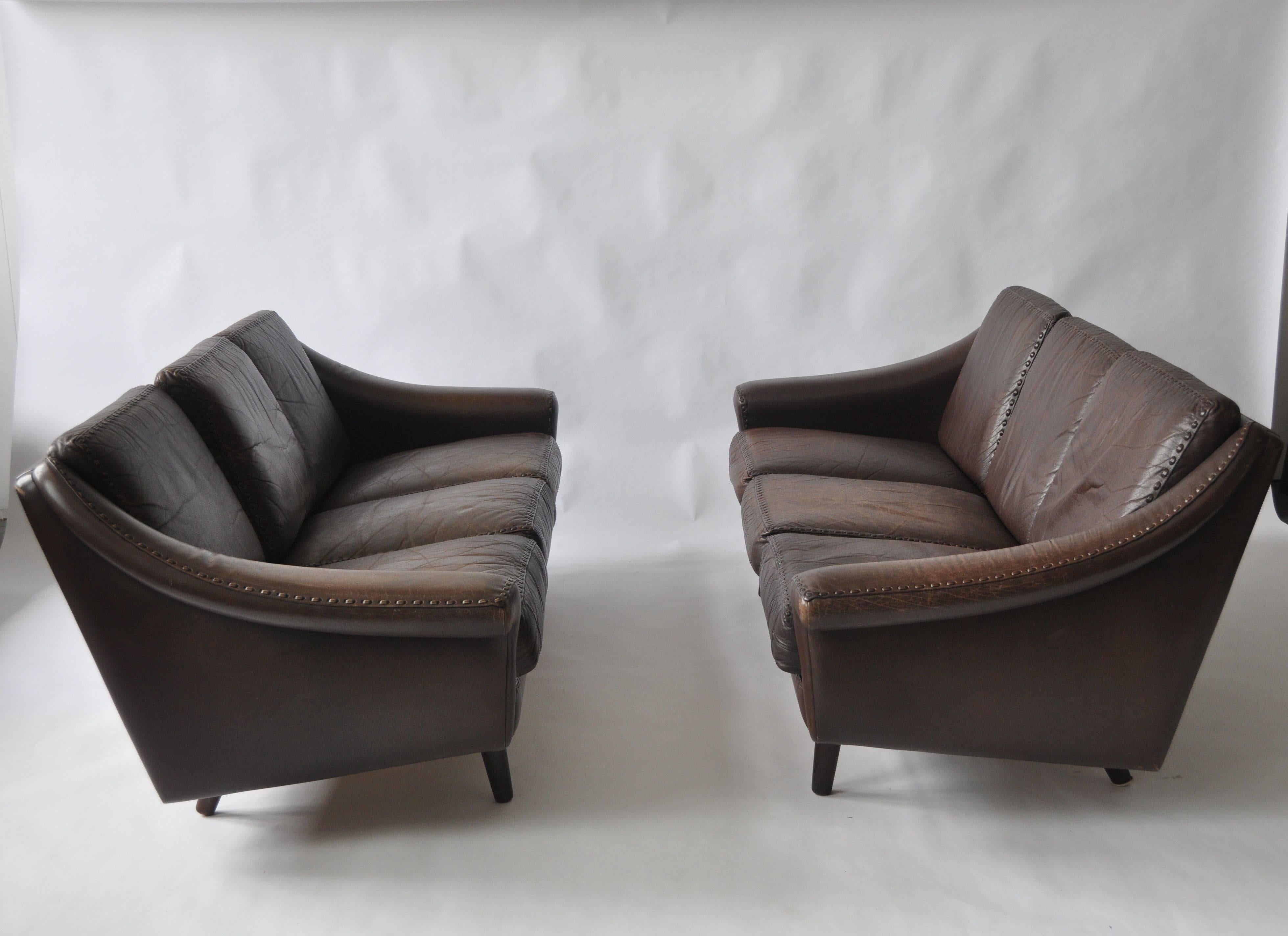 Pair of Aage Christiansen 1960s Danish leather sofas. 
Produced by Eran Mobler. 

Price is for the pair but can be sold individually.