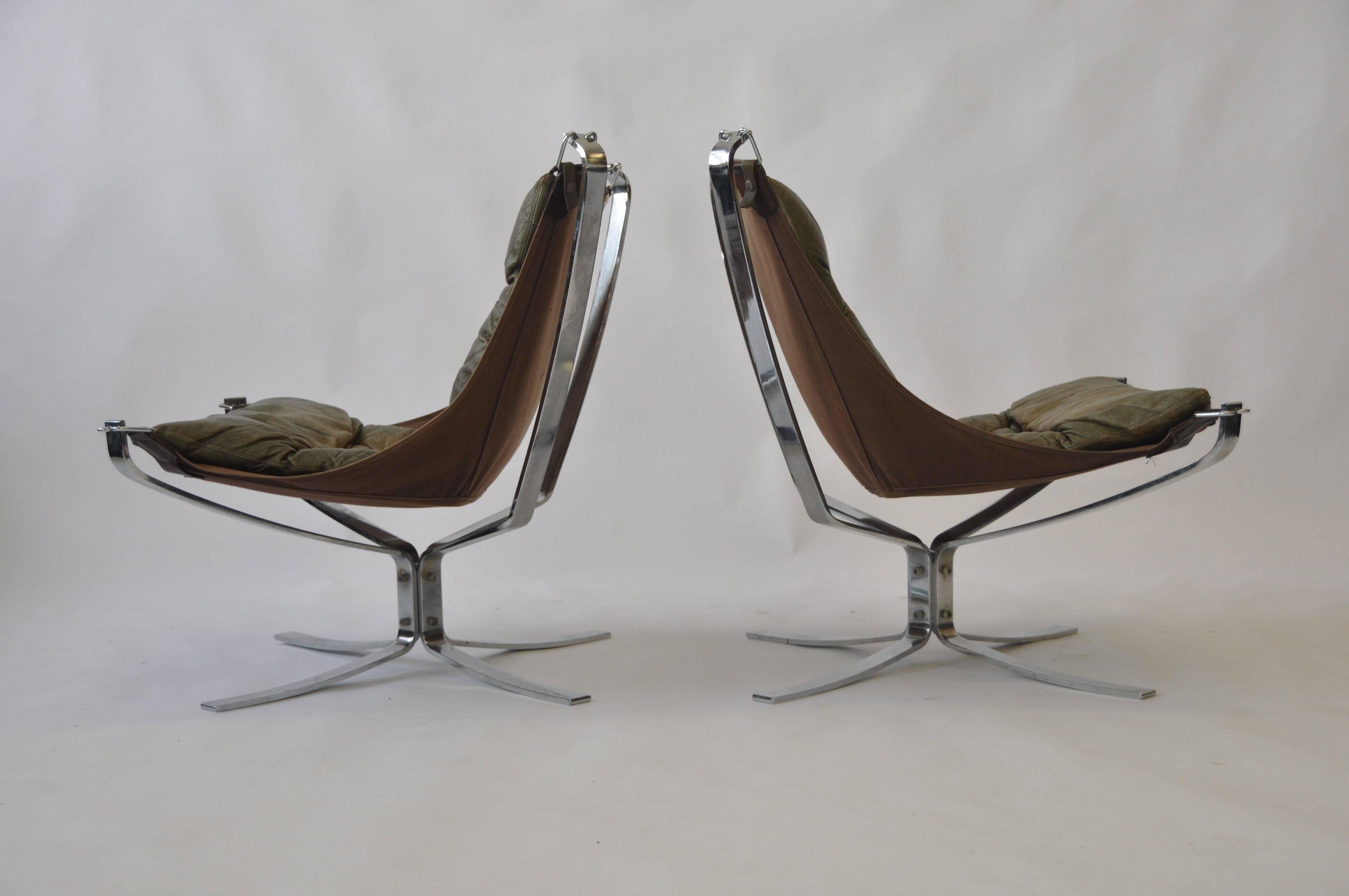 Patinated Pair of Sigurd Ressell Leather Falcon Chairs