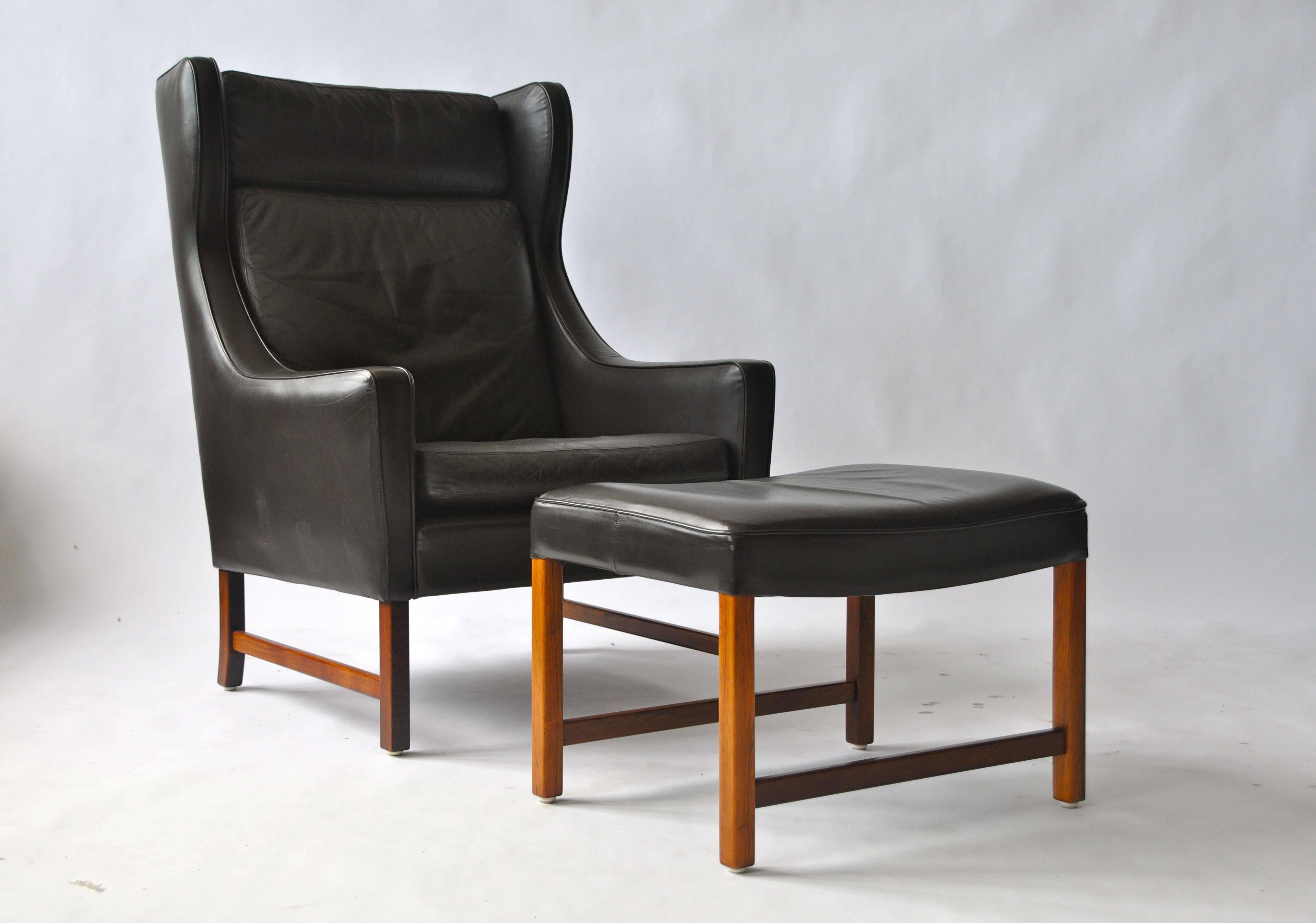 Scandinavian Modern Pair of Frederik Kayser Leather Wing Chairs