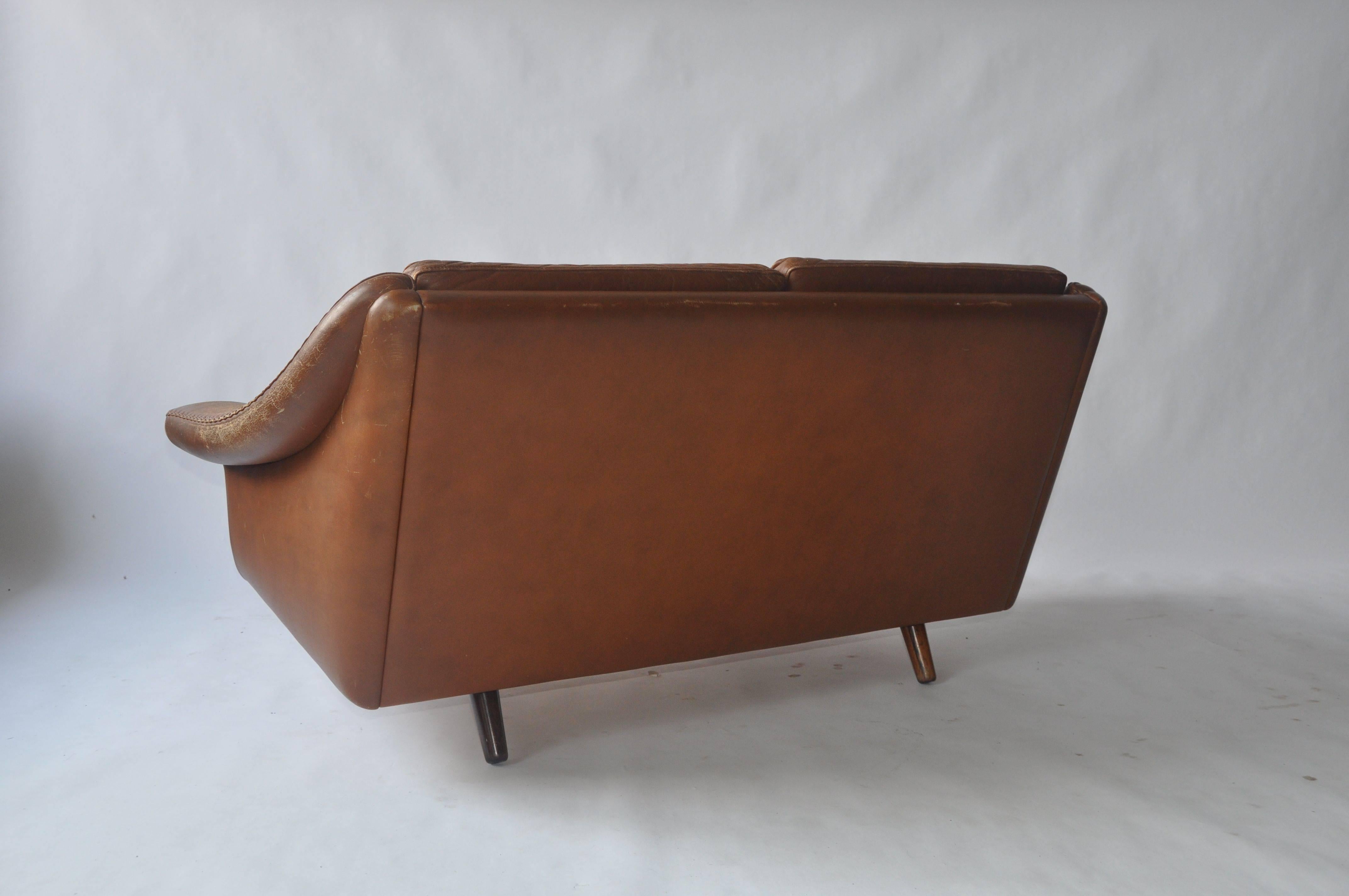 Scandinavian Modern Aage Christiansen Danish Leather Sofa Settee, 1960s