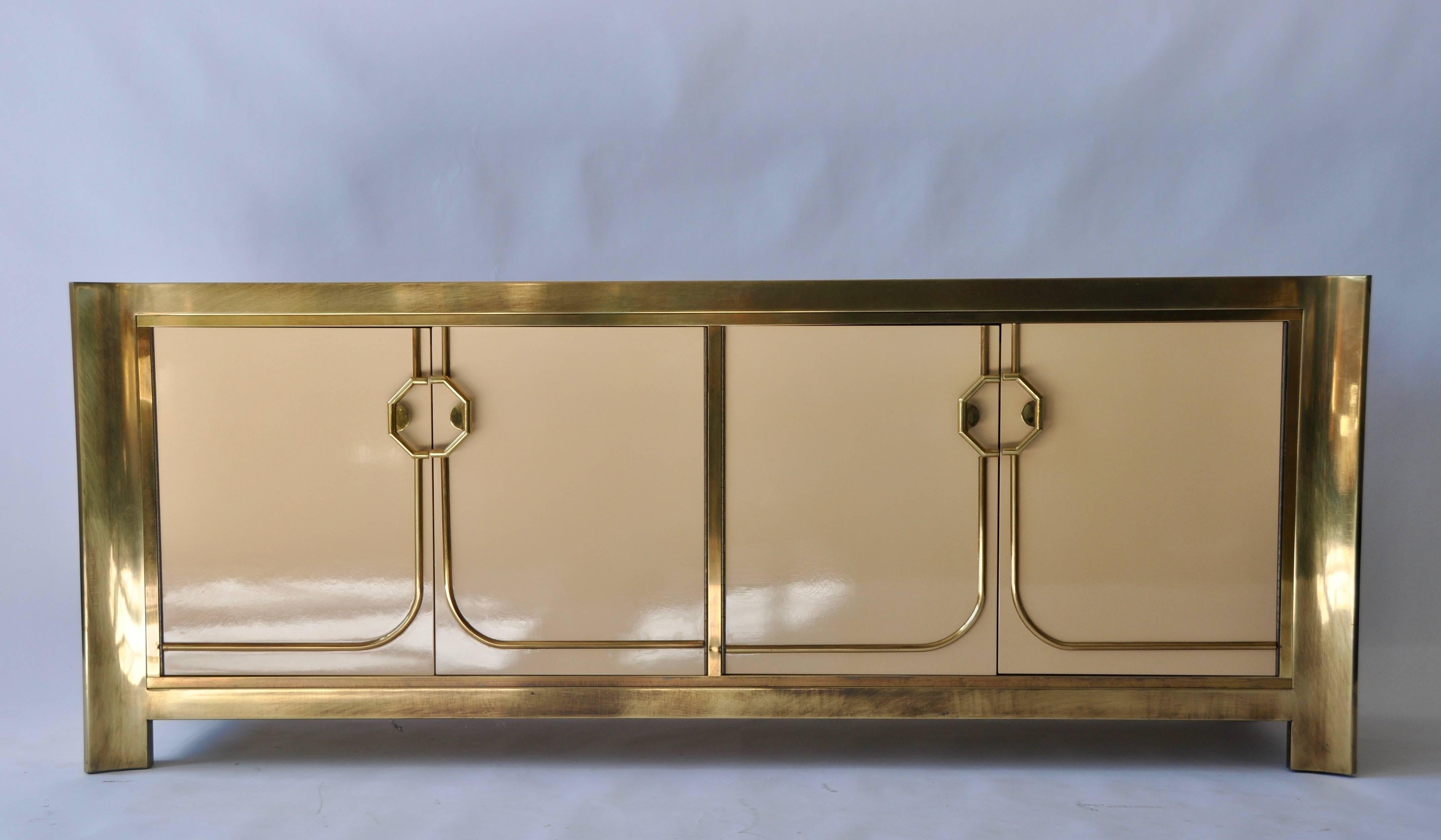 Mastercraft brass and lacquered cabinet. Off-white/beige lacquer.