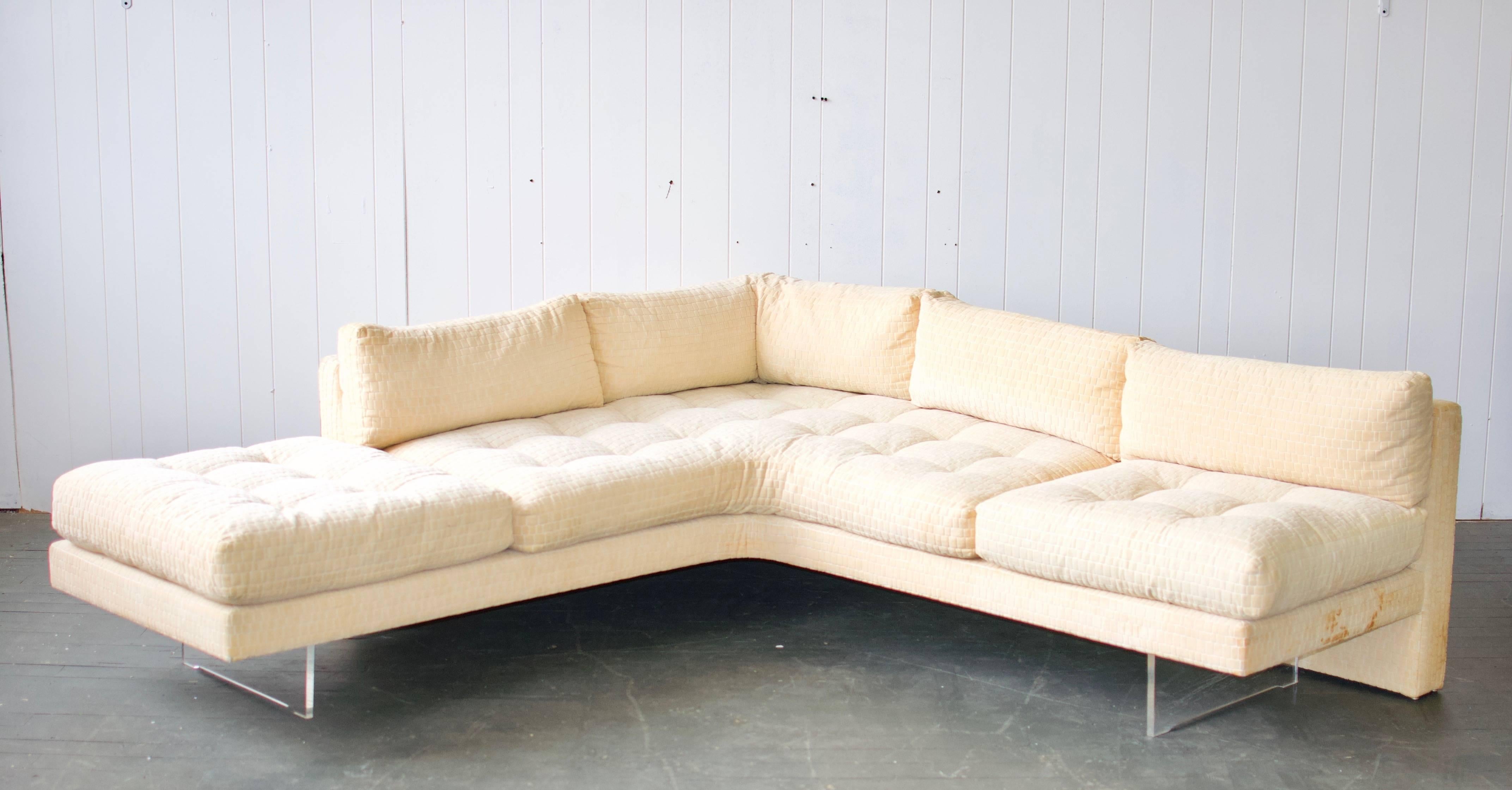 Vladimir Kagan omnibus sofa. Floating L shape sofa with recessed Lucite supports. Additional pieces available.
 
 
     