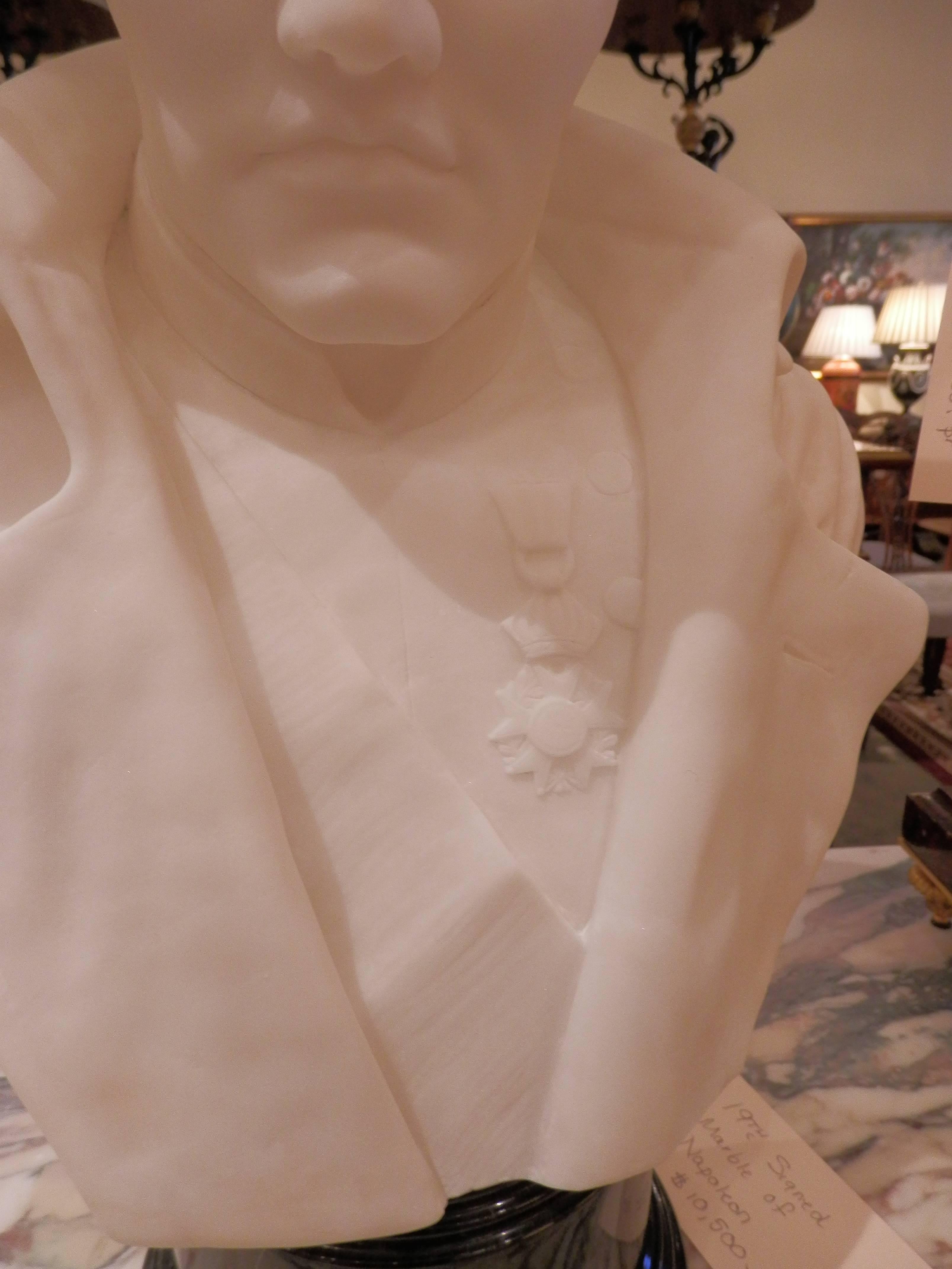 19th Century French Carrara Marble Signed Napoleon Bust In Excellent Condition In Dallas, TX