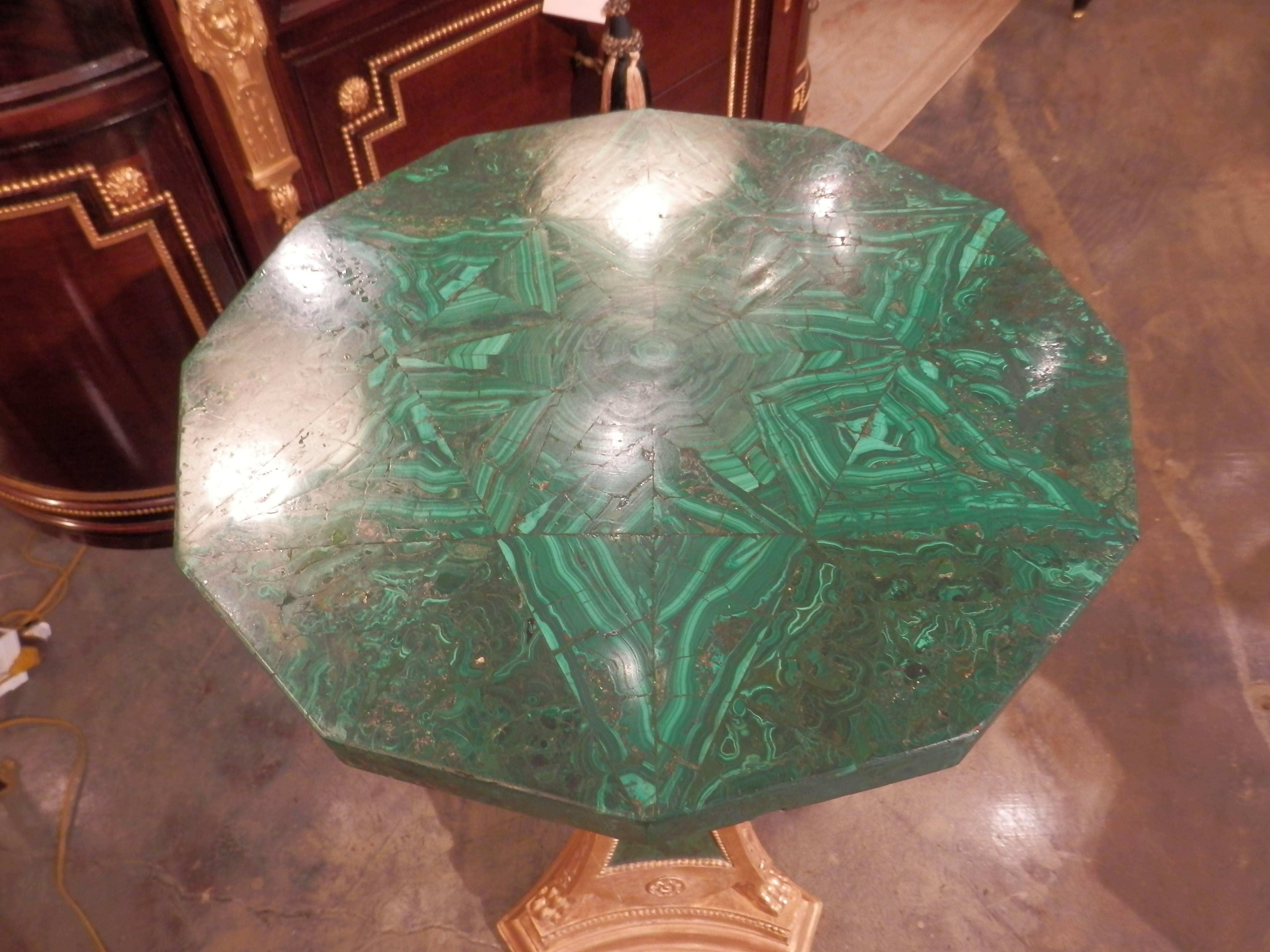 19th century beautiful malachite and parcel-gilt side table with starburst design in the Louis XVI design. Ram's heads and pawed feet.