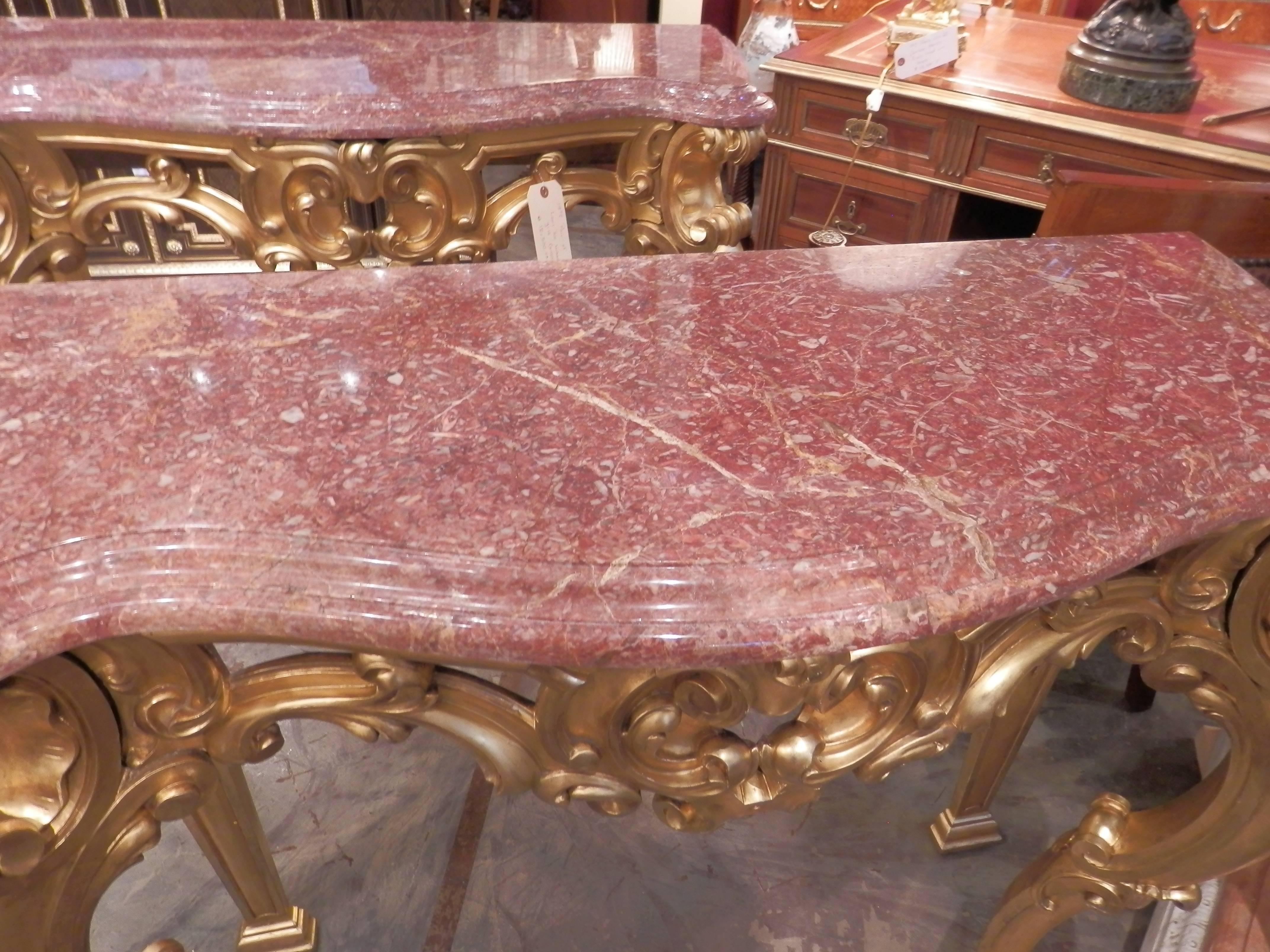 Pair 19th Century French Louis XV Water Gilt Rococo Carved Marble-top consoles In Excellent Condition For Sale In Dallas, TX