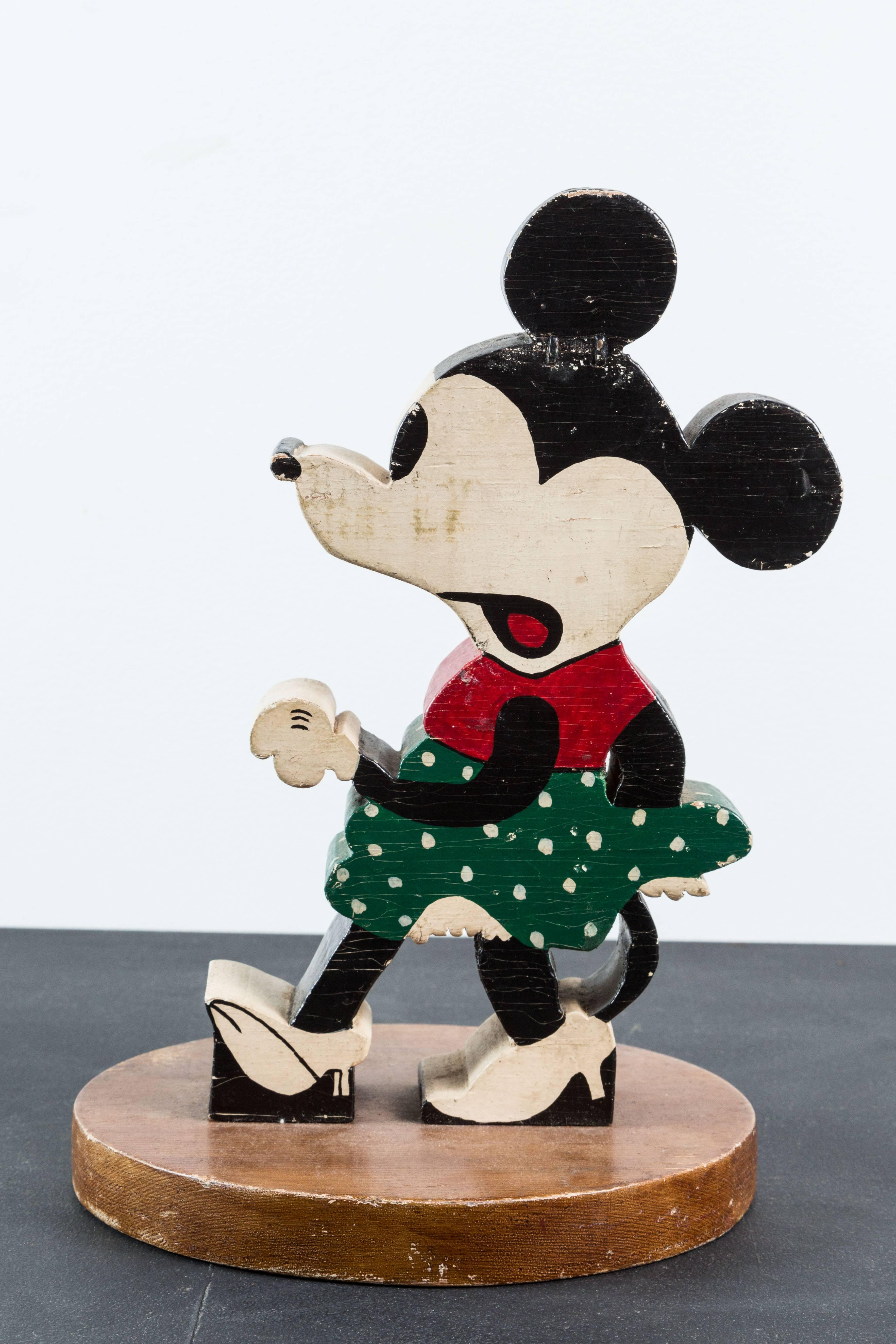 Hand-Painted Vintage Wood Caved Folk Art Mickey Mouse and Minnie Mouse