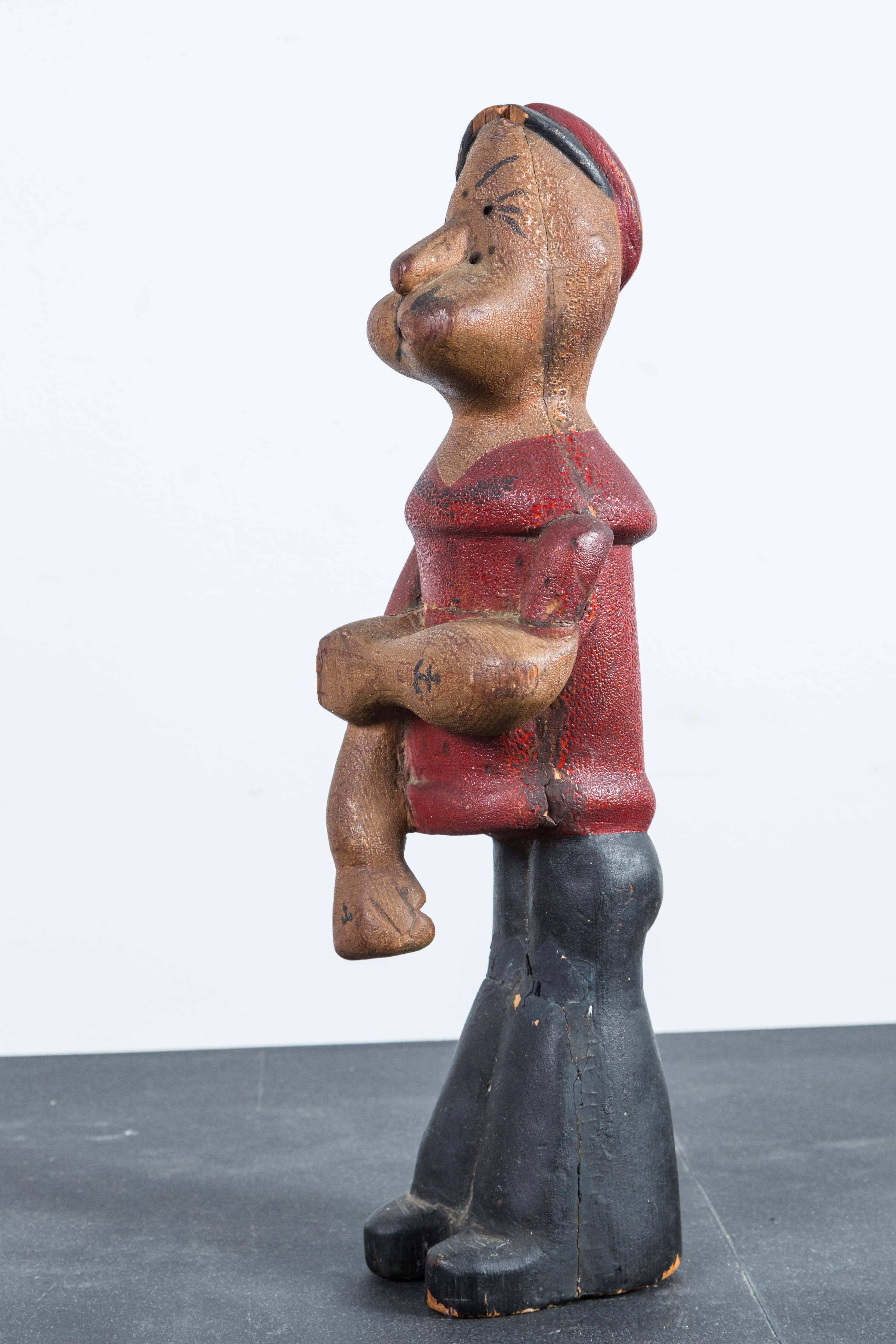 Handgeschnitzte Popeye-Figur aus Holz mit Originallack-Oberfläche, Vintage (Volkskunst) im Angebot