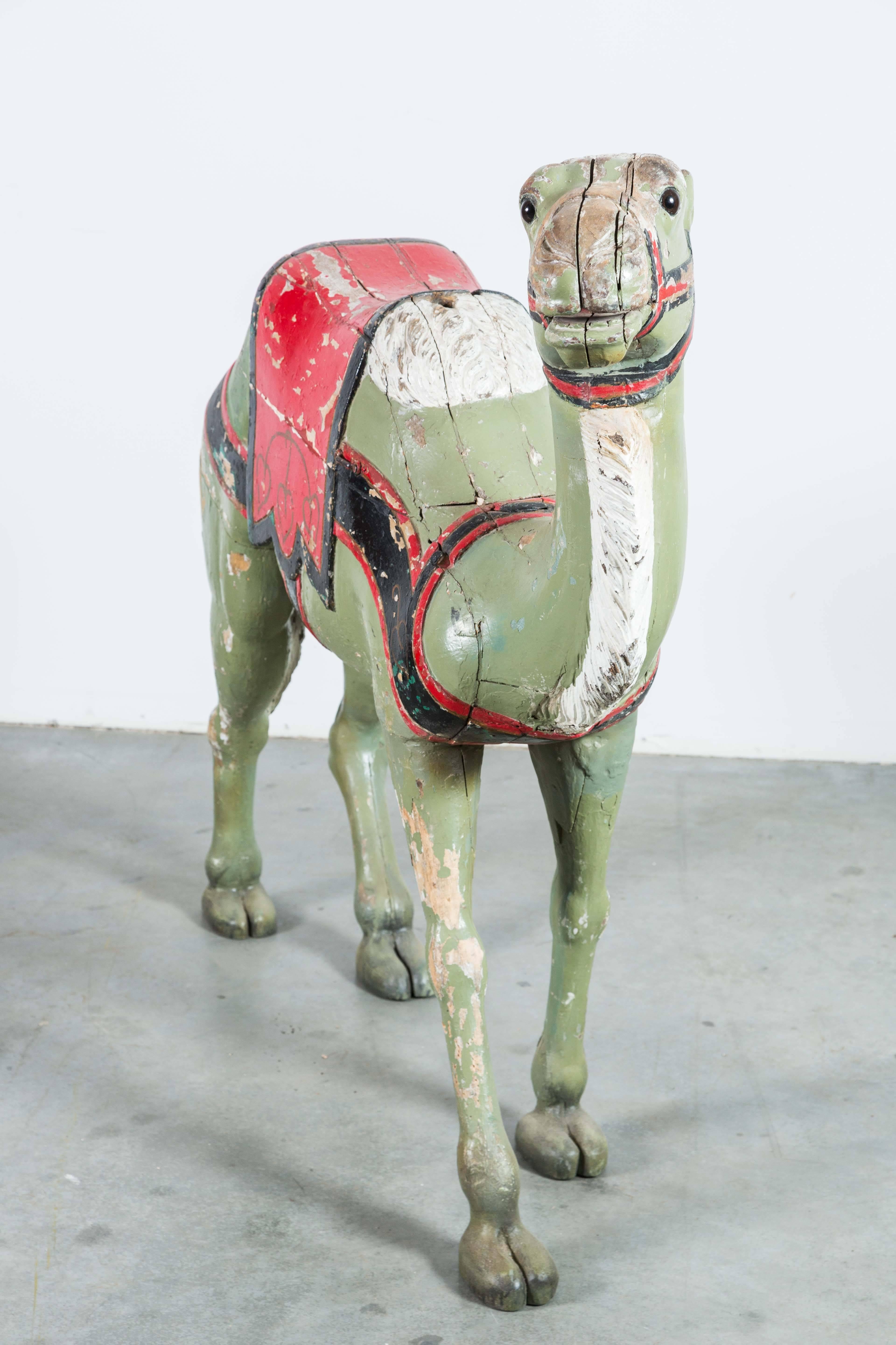 American  Late 19th Century Hand-Carved Carousel Camel with Glass Eyes