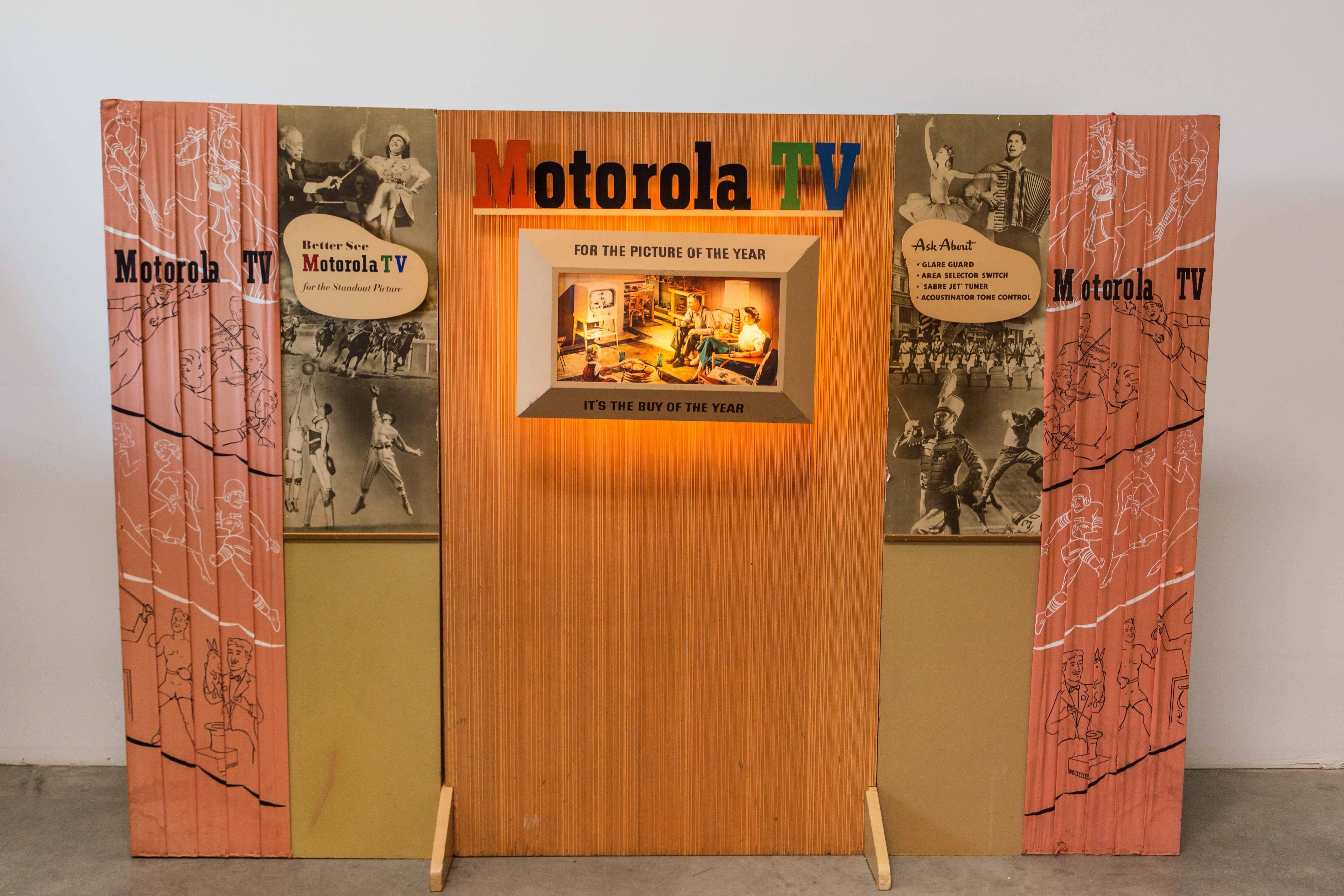 Fantastic Mid-Century time capsule Motorola TV trade advertising display. Three hand-painted fabric-covered sections form entire display. Mid-Century advertising at its best: 