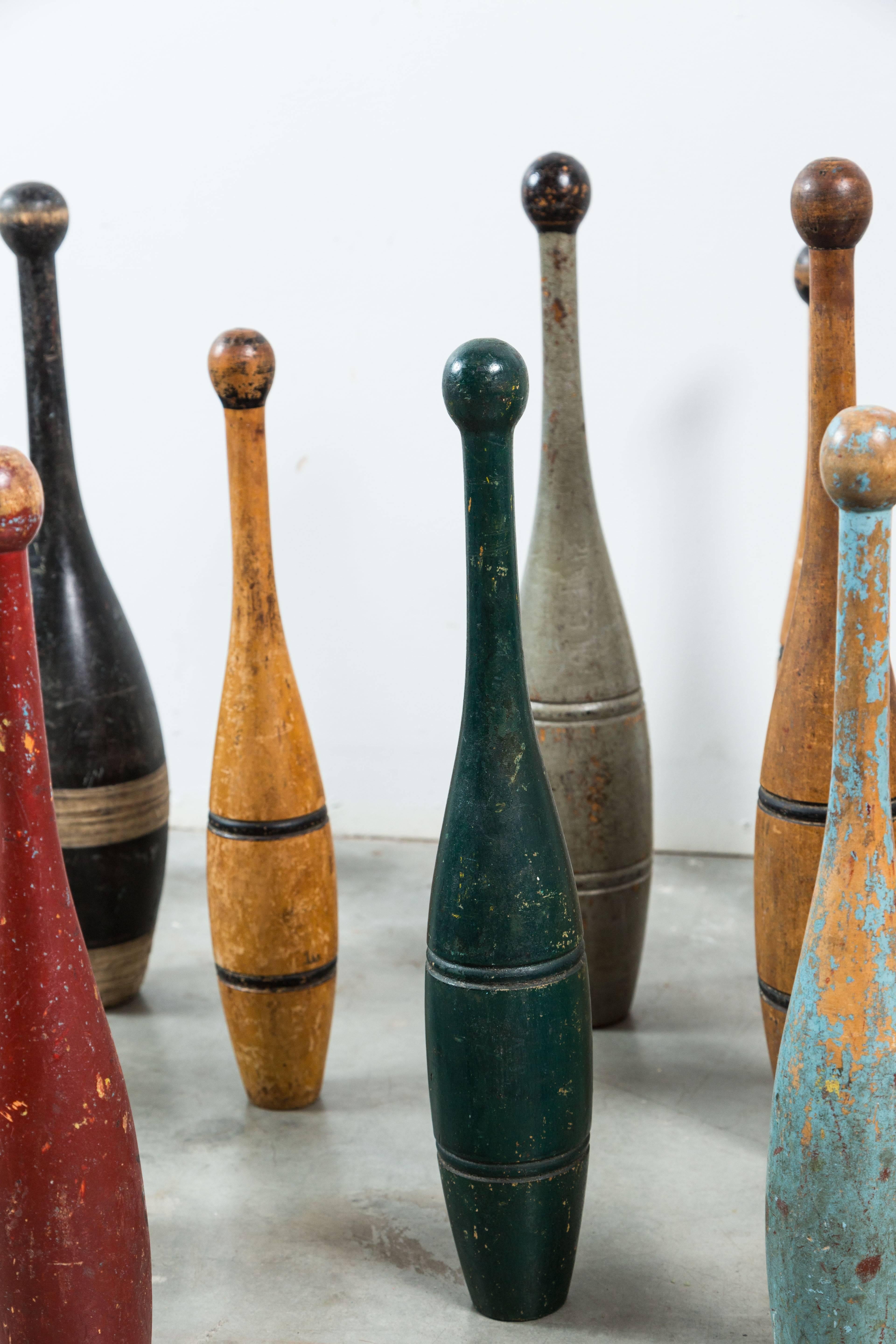 Folk Art Collection of Indian Clubs with Original Paint Surface