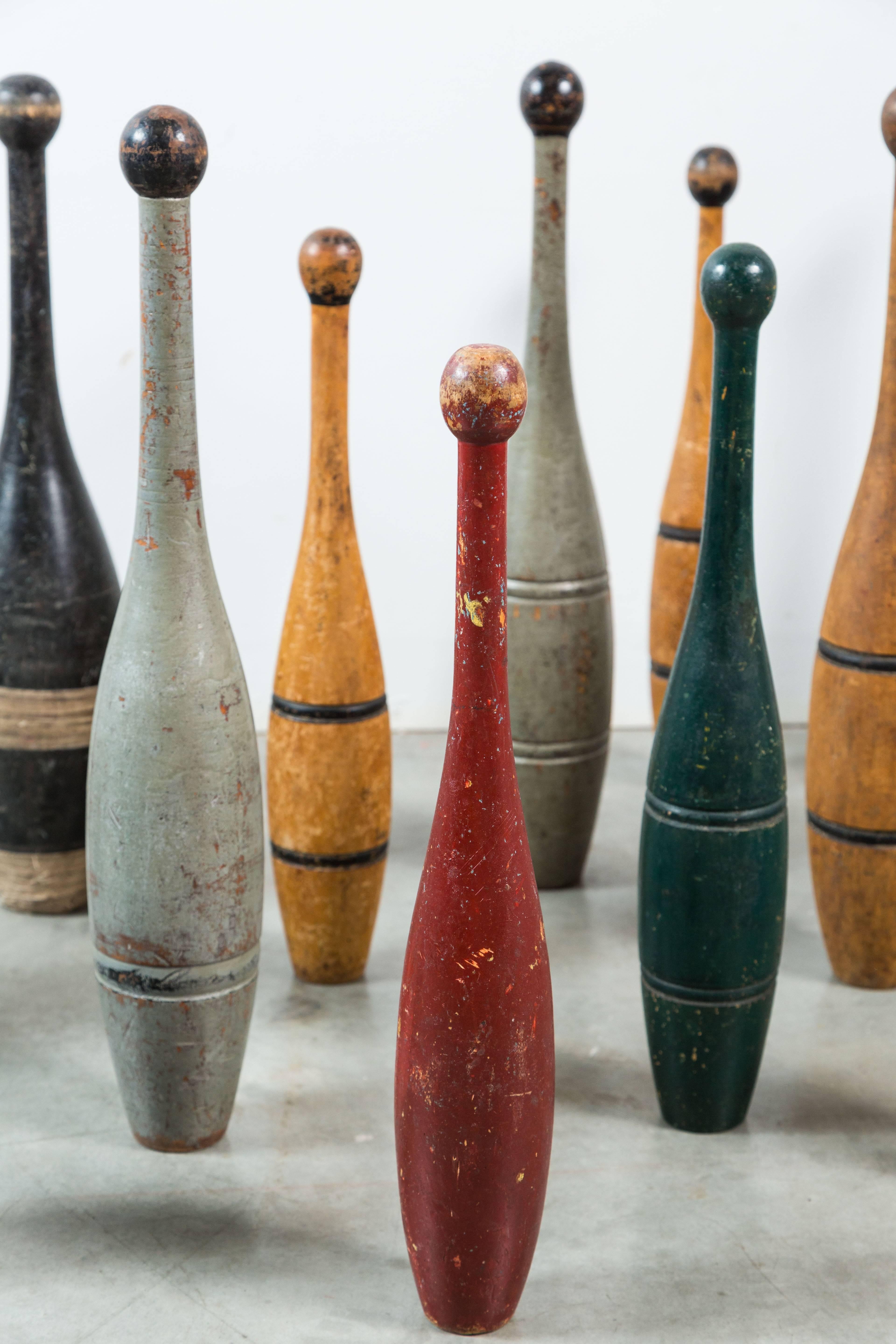 Hand-Painted Collection of Indian Clubs with Original Paint Surface