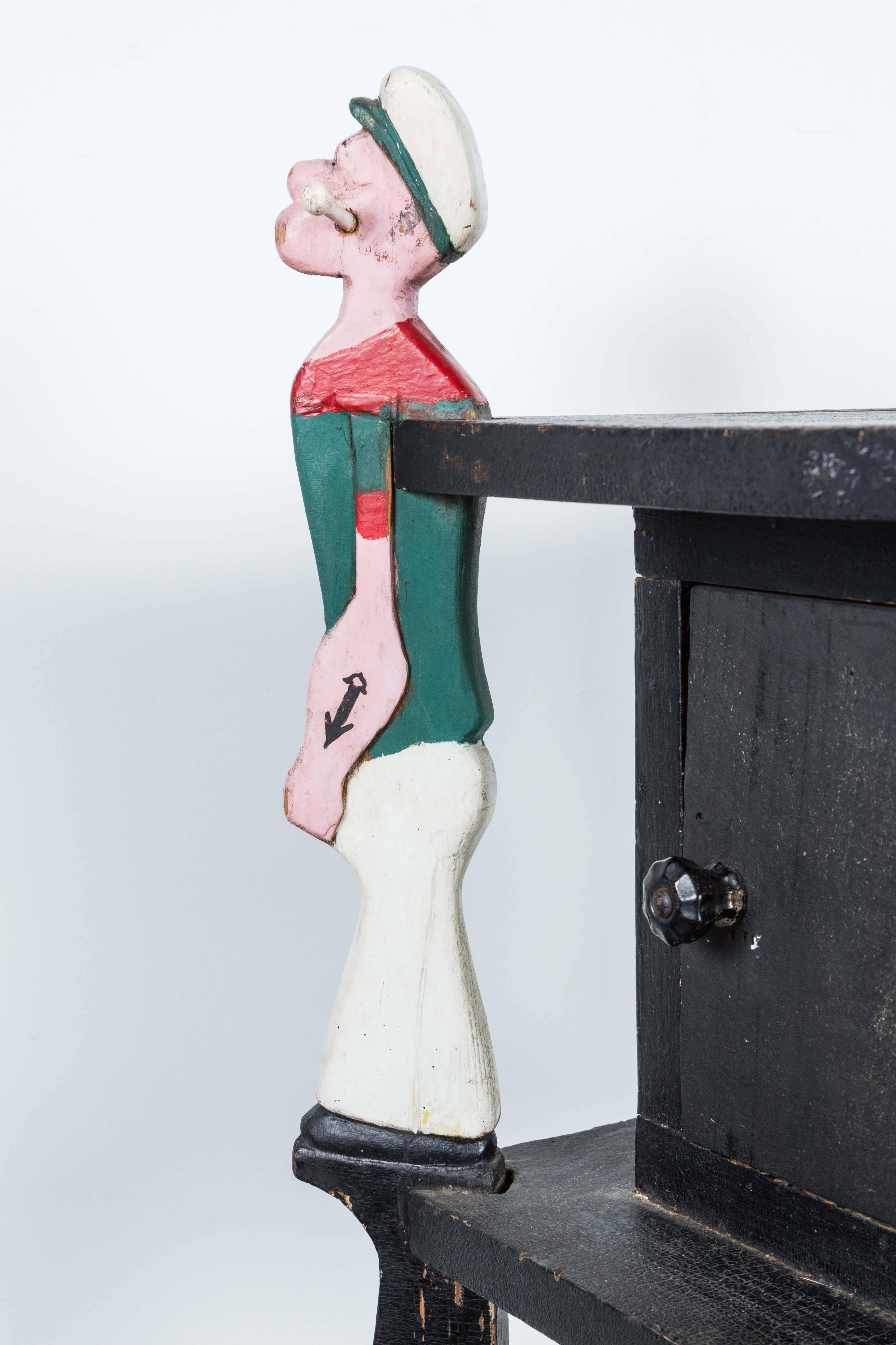 Wood Popeye Hand-Carved Folk Art Side Table, circa 1940s