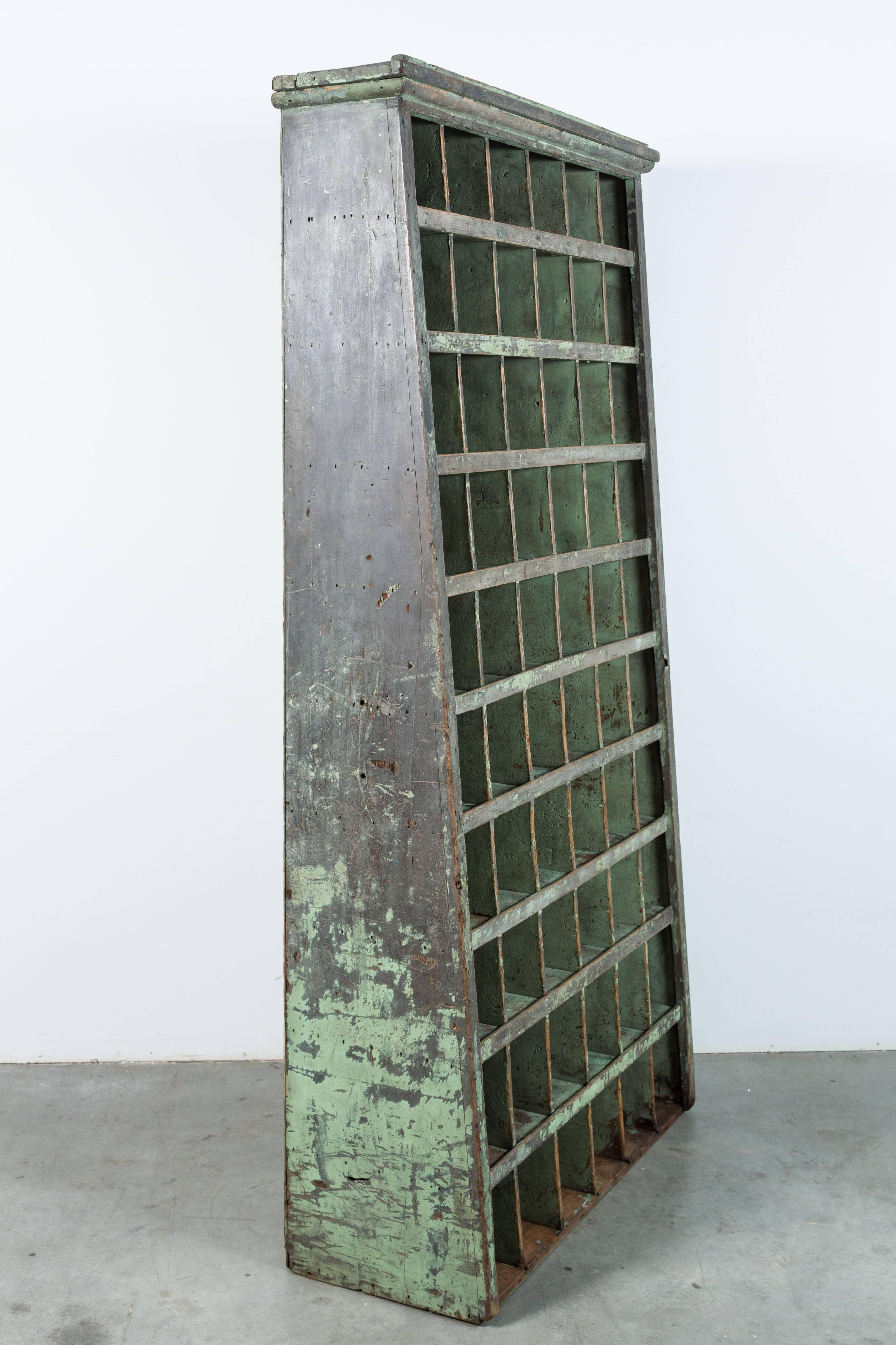 Great apple green painted general store or hardware cubby cabinet, circa 1890-1900 . Very well constructed. Found in the mid-west.