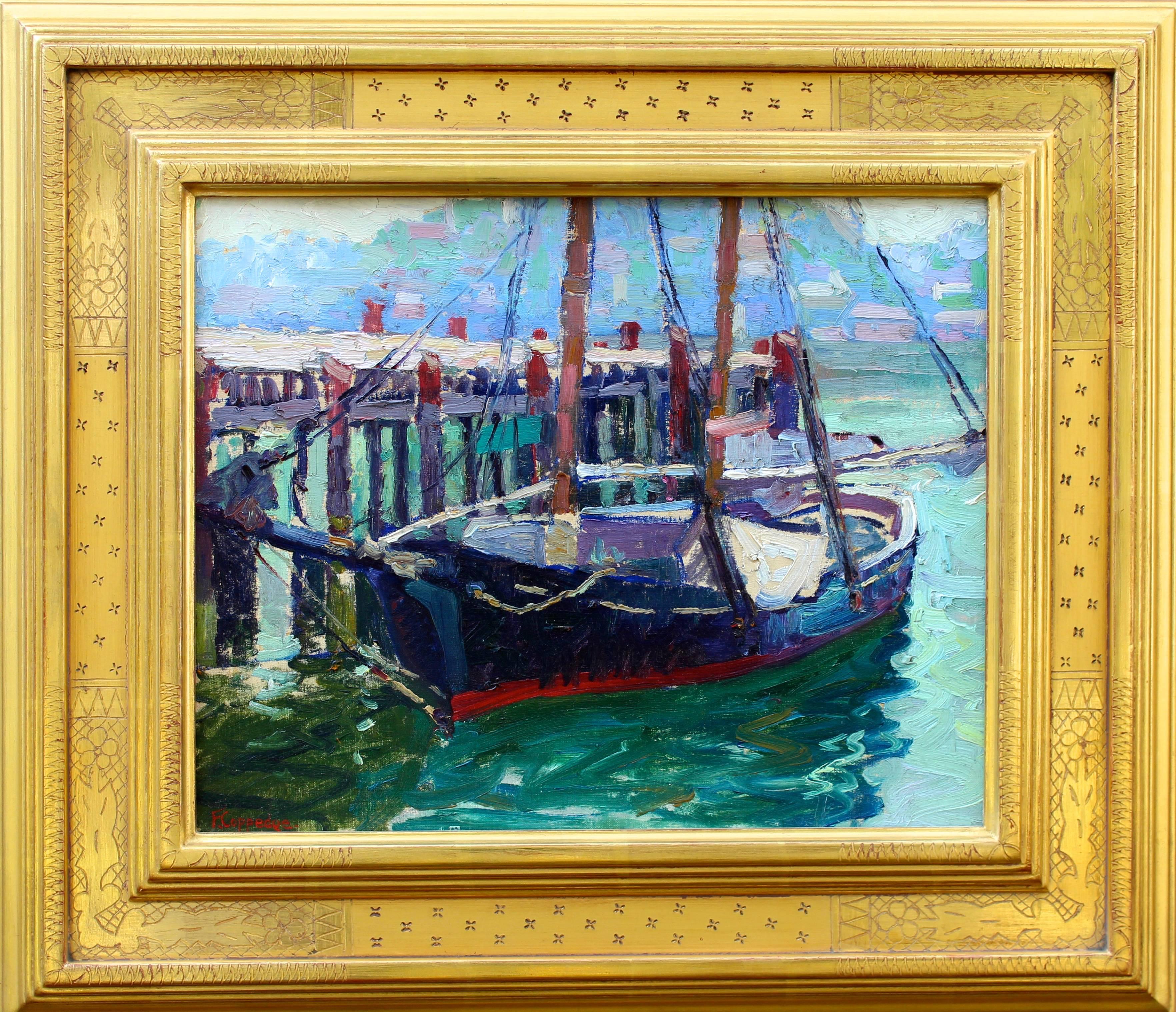 Oil on canvas of a boat docked in Gloucester Harbor, Massachusetts. The town seen riseing in the background. Glocester was a popular location for many artists to spend thier summers painting.