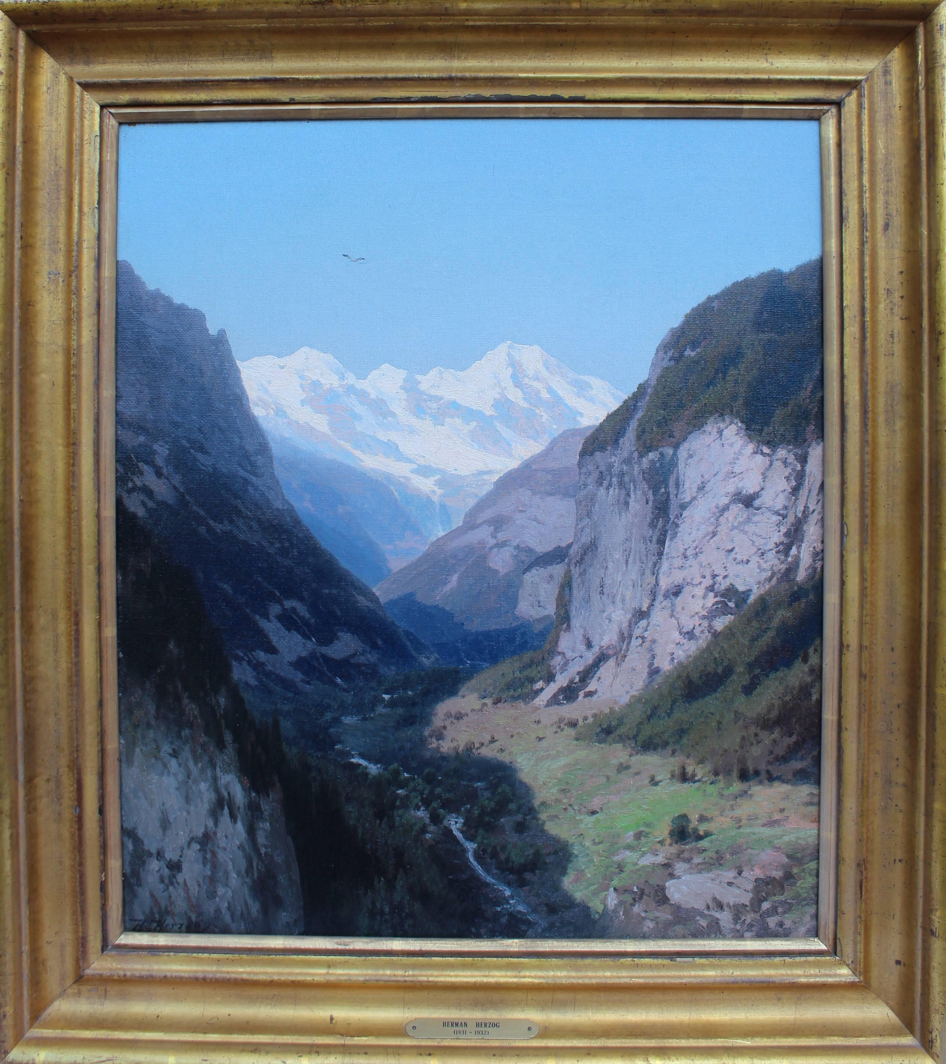 Oil on canvas of a stunning view of the Lauterbrunnen valley in the Canton of Bern, Switzerland.