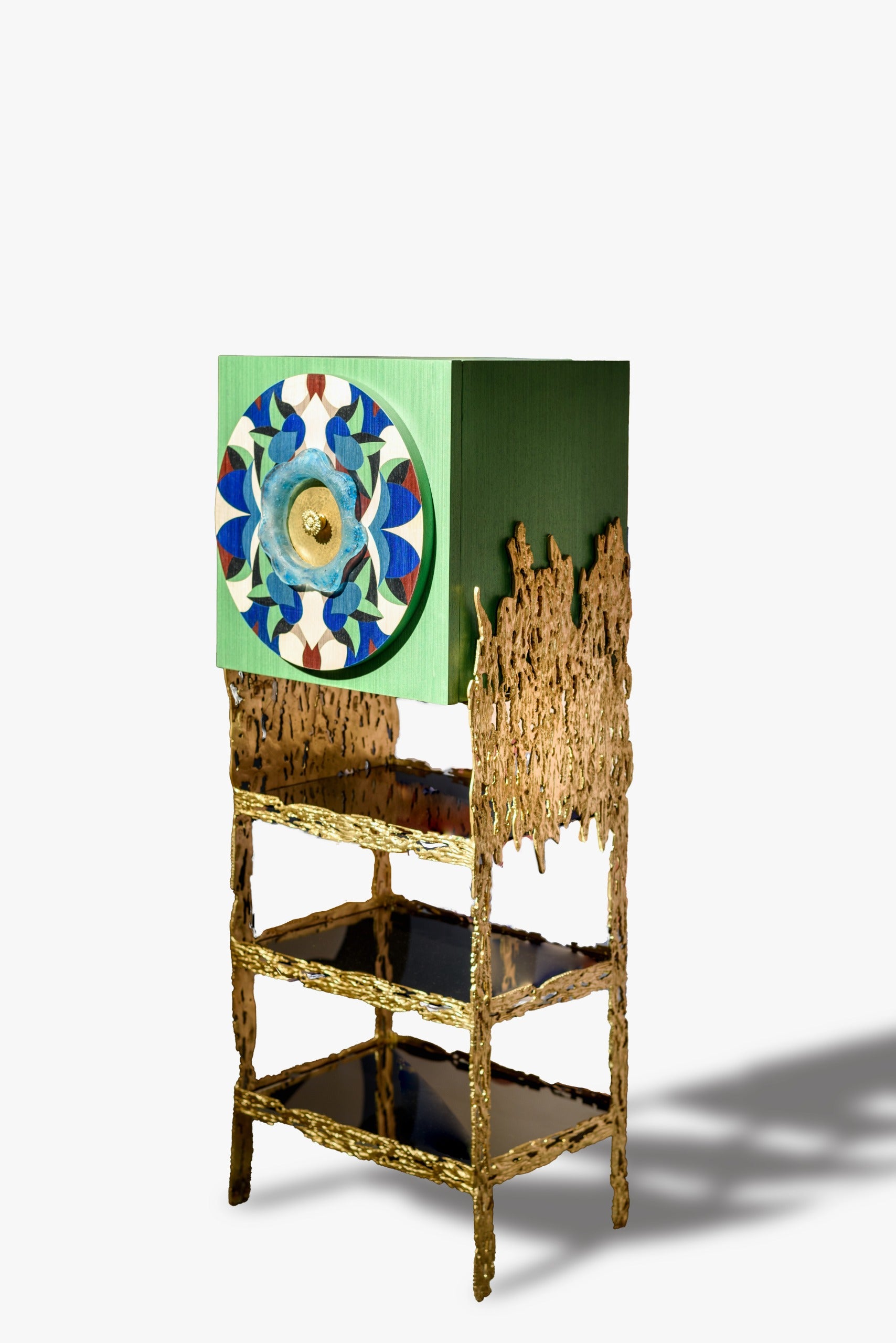 FLORAL - Mobile in legno massiccio, vetro lavorato a mano, ottone massiccio e impiallacciatura multicolore